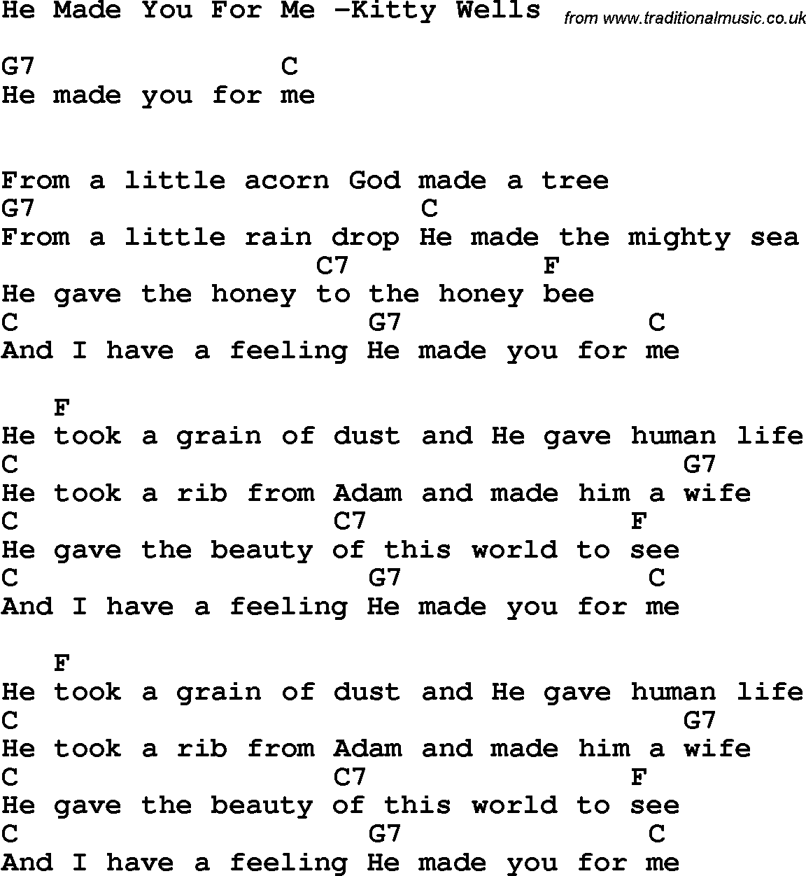 Country, Southern and Bluegrass Gospel Song He Made You For Me -Kitty Wells lyrics and chords