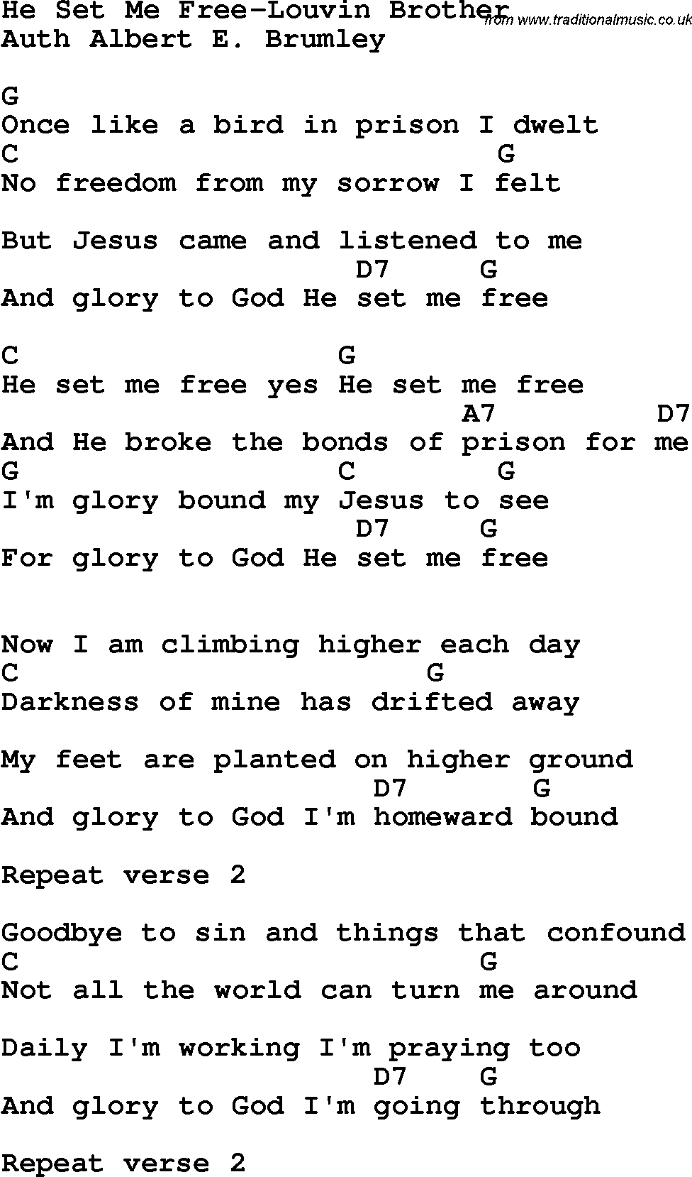 Country, Southern and Bluegrass Gospel Song He Set Me Free-Louvin Brother lyrics and chords