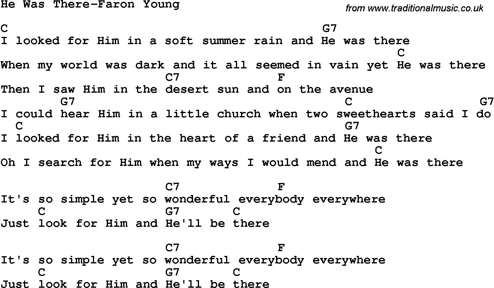 Country, Southern and Bluegrass Gospel Song He Was There-Faron Young lyrics and chords