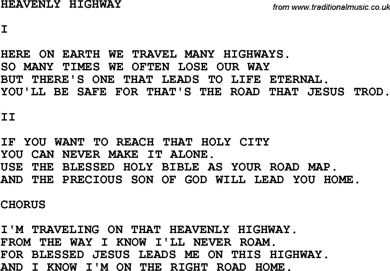 Country, Southern and Bluegrass Gospel Song Heavenly Highway lyrics 