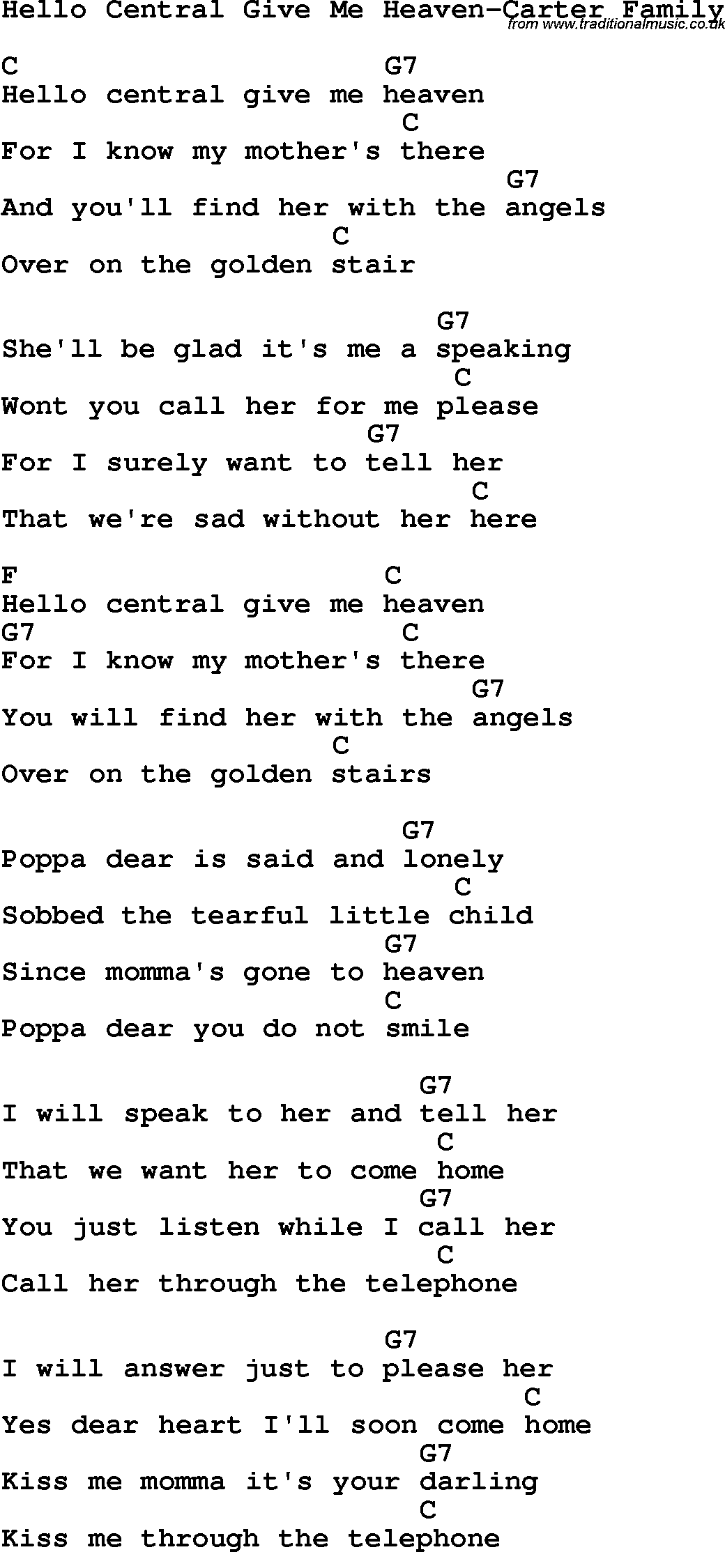 Country, Southern and Bluegrass Gospel Song Hello Central Give Me Heaven-Carter Family lyrics and chords