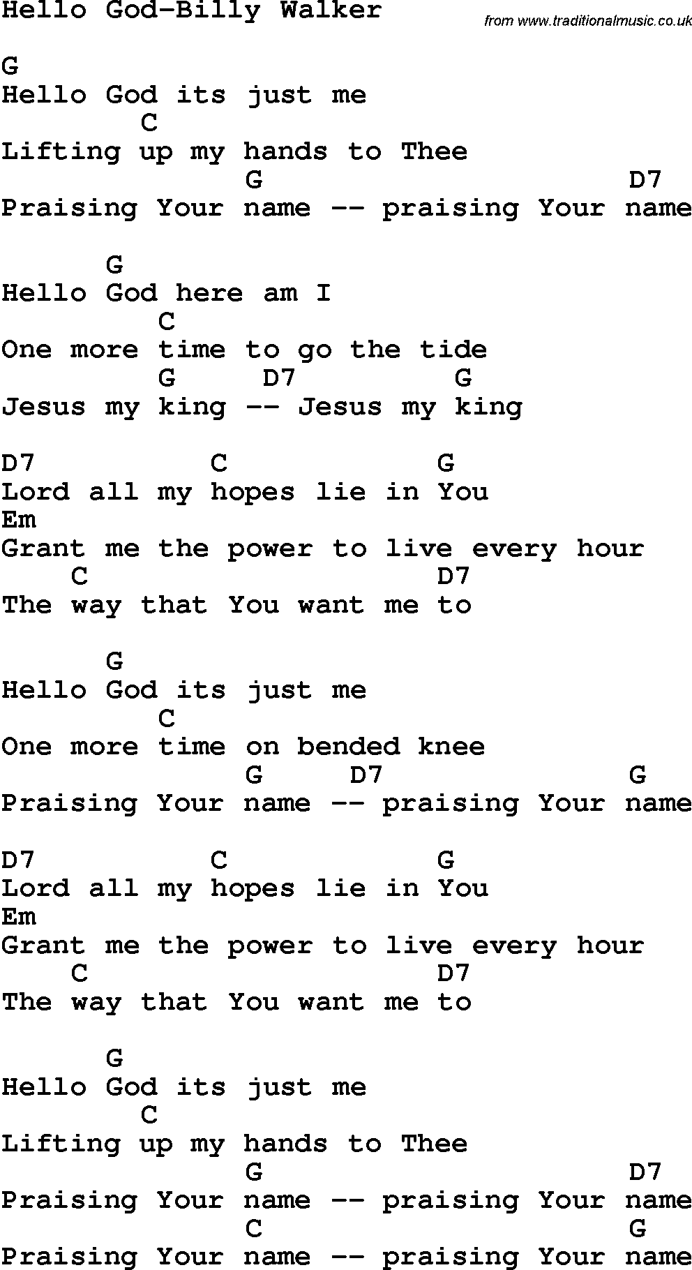 Country, Southern and Bluegrass Gospel Song Hello God-Billy Walker lyrics and chords
