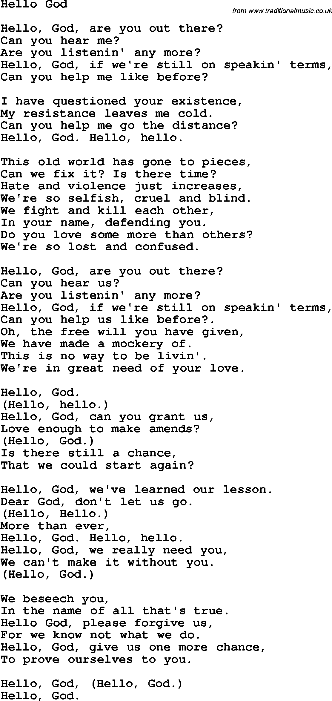 Country, Southern and Bluegrass Gospel Song Hello God lyrics 