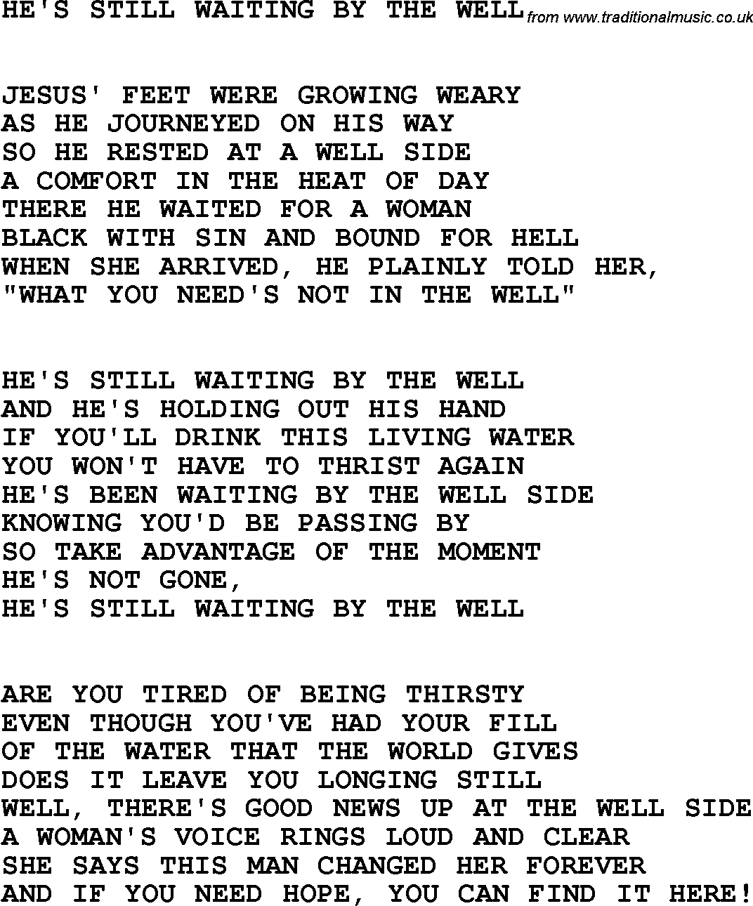 Country, Southern and Bluegrass Gospel Song He's Still Waiting By The Well lyrics 