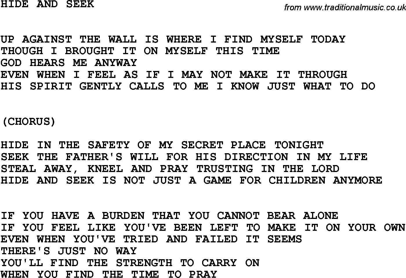 Country, Southern and Bluegrass Gospel Song Hide And Seek lyrics 