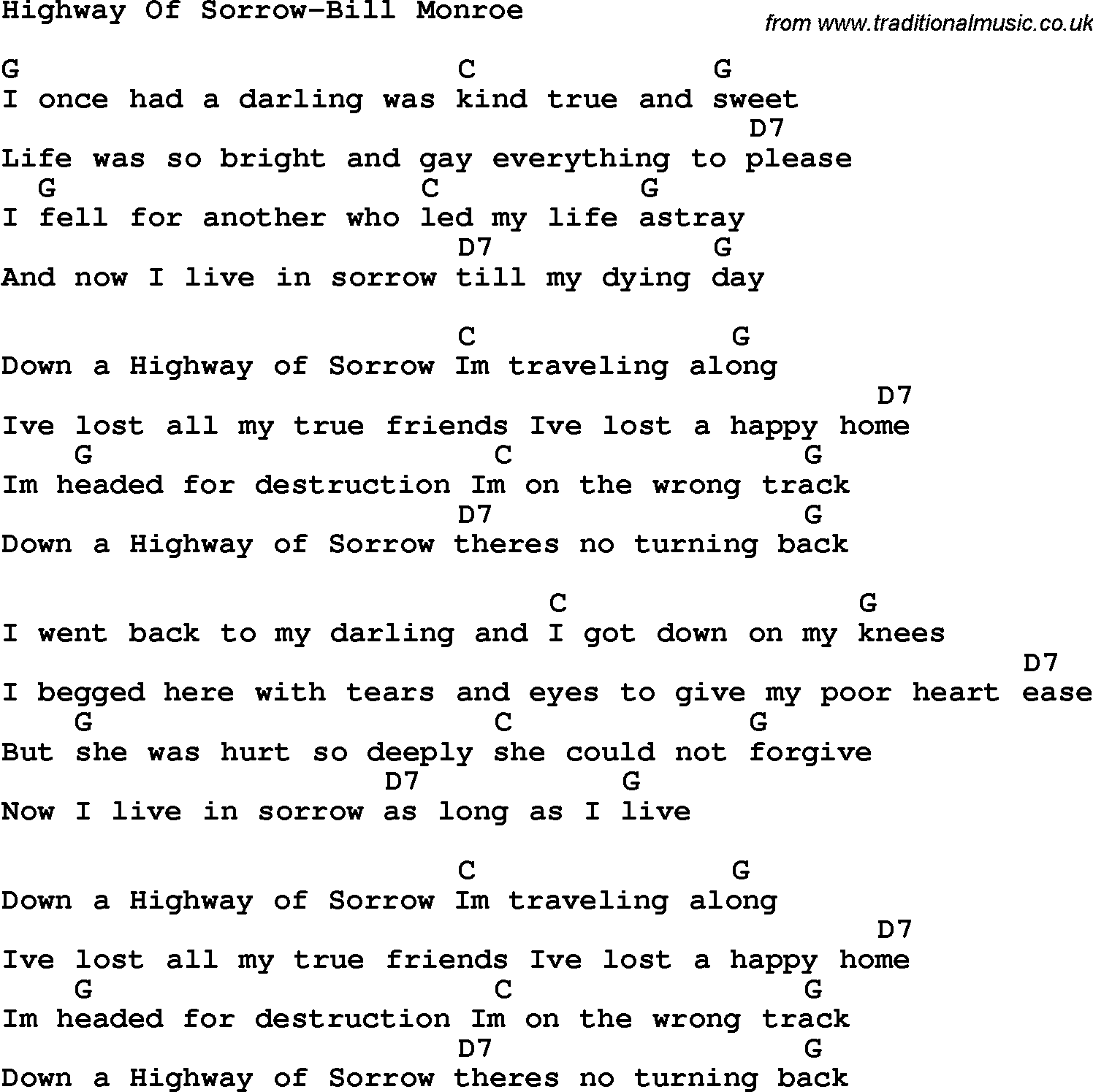 Country, Southern and Bluegrass Gospel Song Highway Of Sorrow-Bill Monroe lyrics and chords