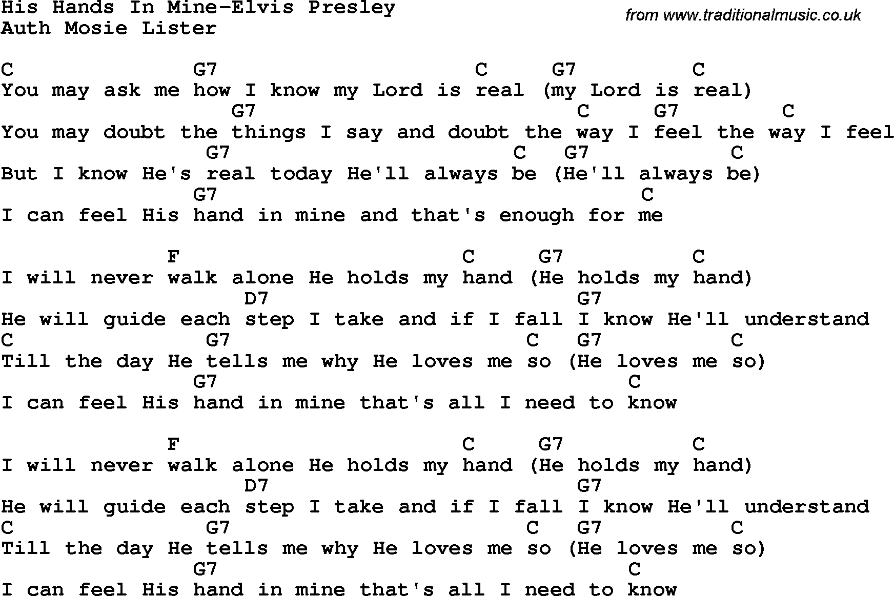 Country, Southern and Bluegrass Gospel Song His Hands In Mine-Elvis Presley lyrics and chords