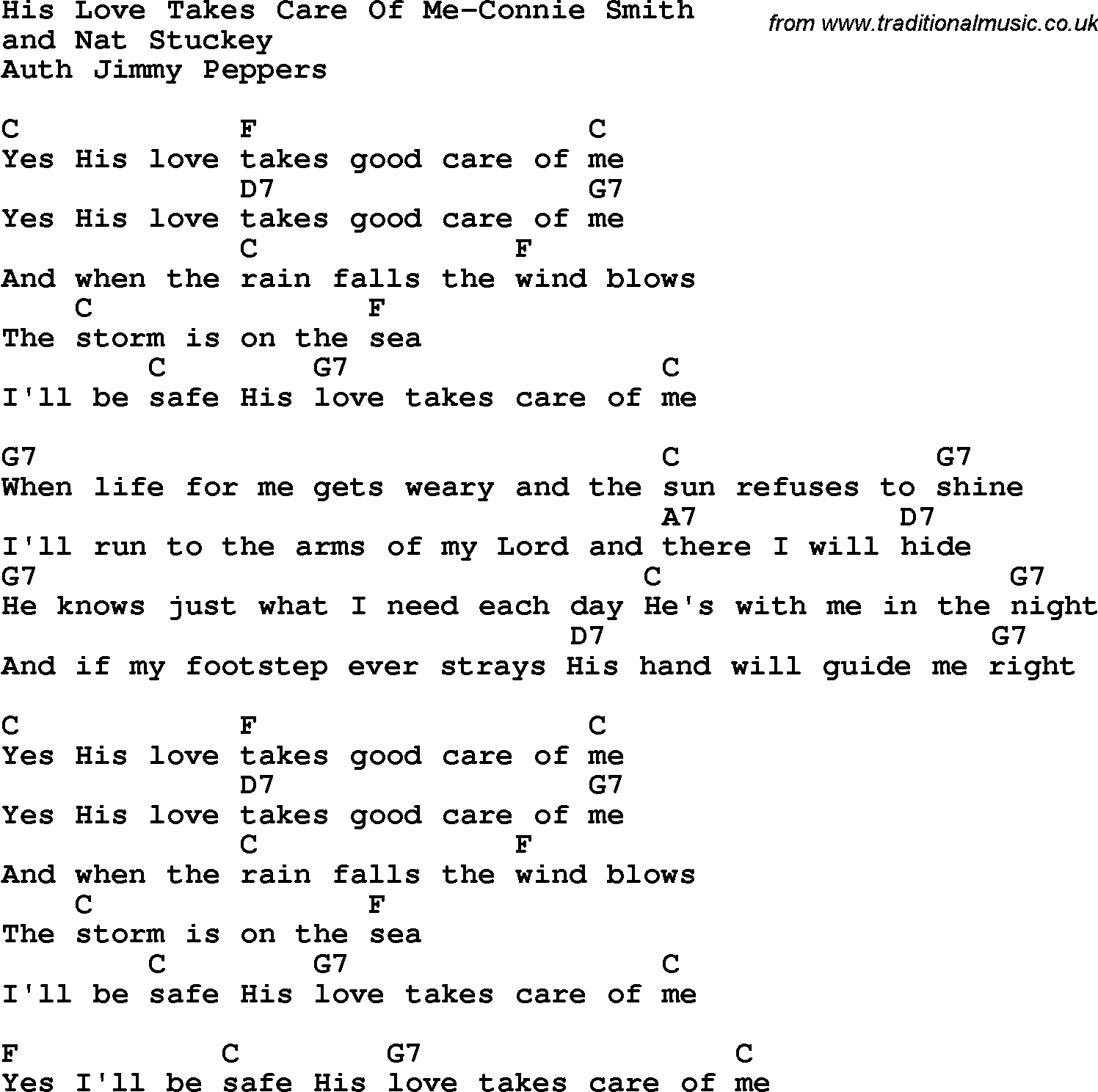 Country, Southern and Bluegrass Gospel Song His Love Takes Care Of Me-Connie Smith lyrics and chords