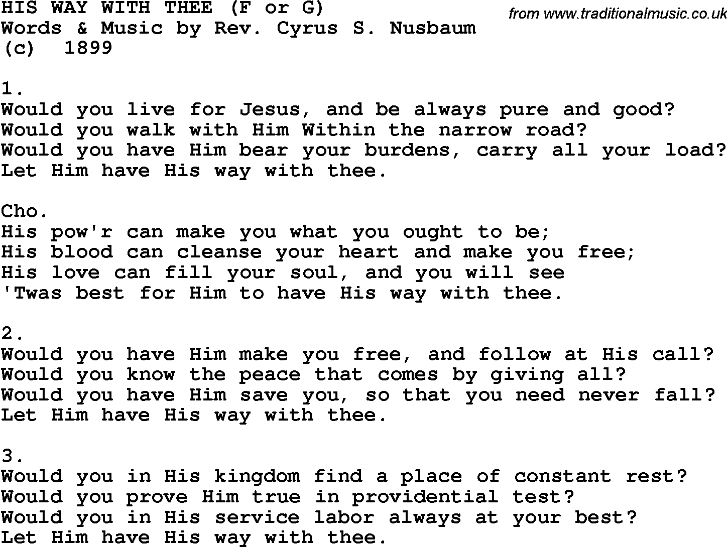 Country, Southern and Bluegrass Gospel Song His Way With Thee (F Or G) lyrics 