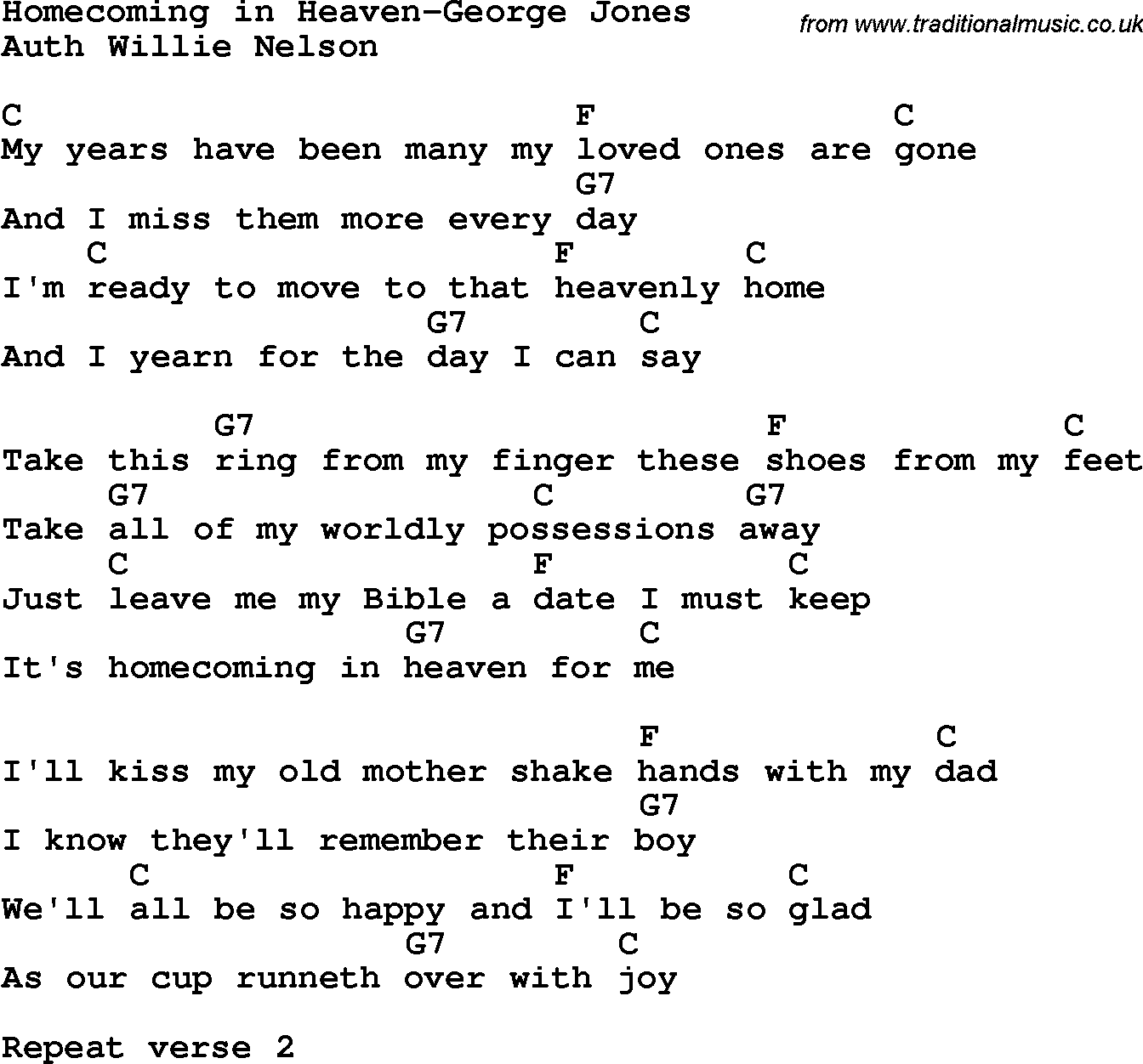 Country, Southern and Bluegrass Gospel Song Homecoming in Heaven-George Jones lyrics and chords