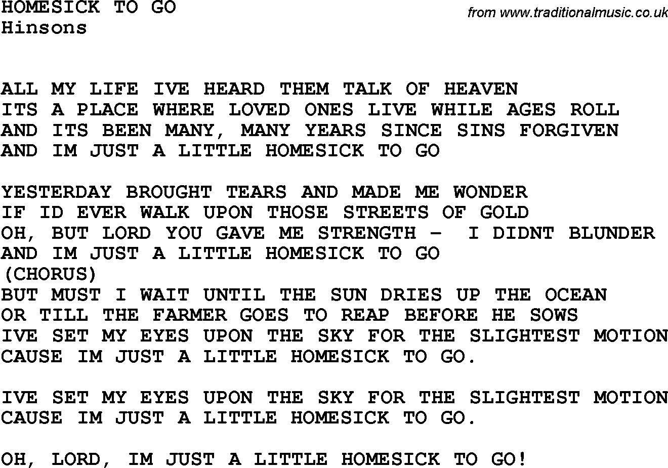 Country, Southern and Bluegrass Gospel Song Homesick To Go lyrics 