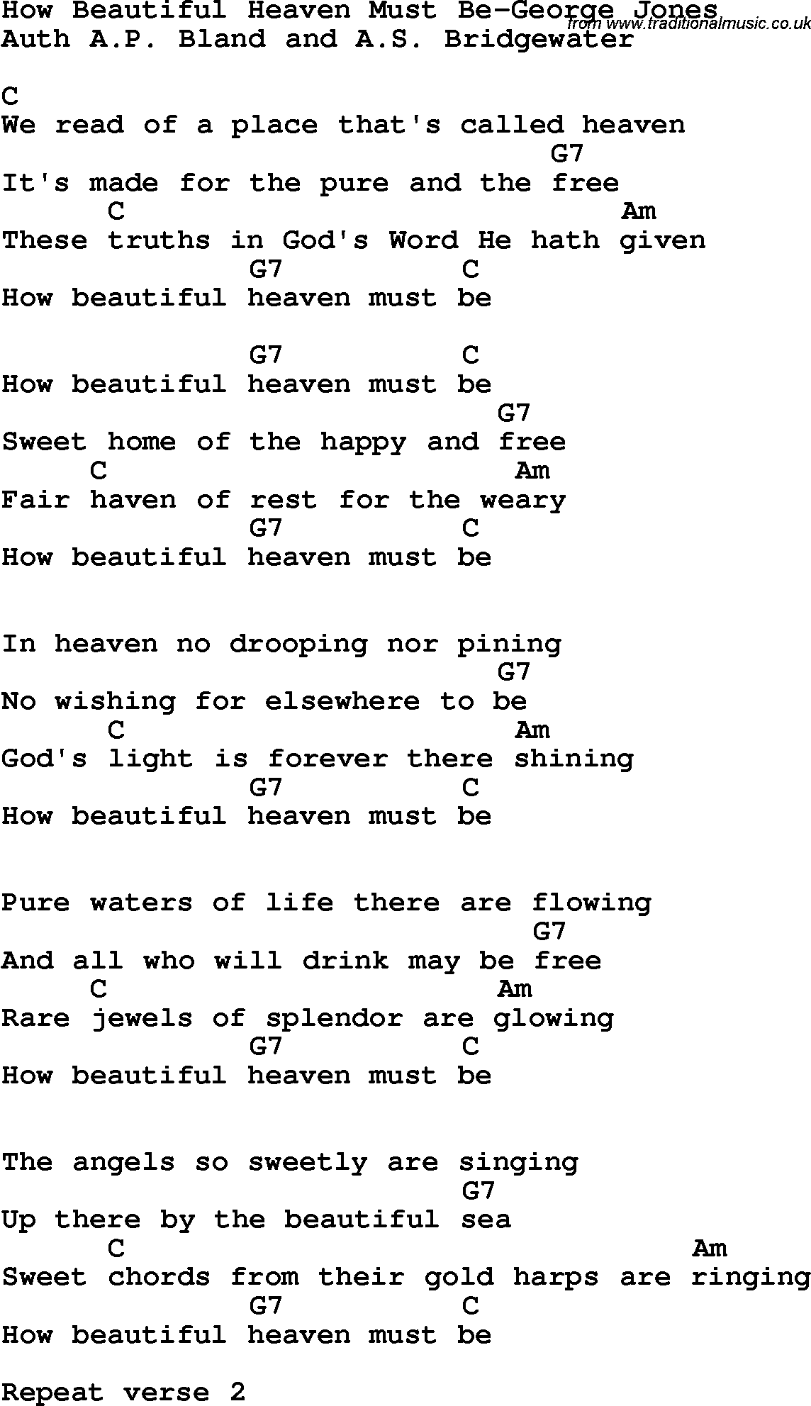 Country, Southern and Bluegrass Gospel Song How Beautiful Heaven Must Be-George Jones lyrics and chords