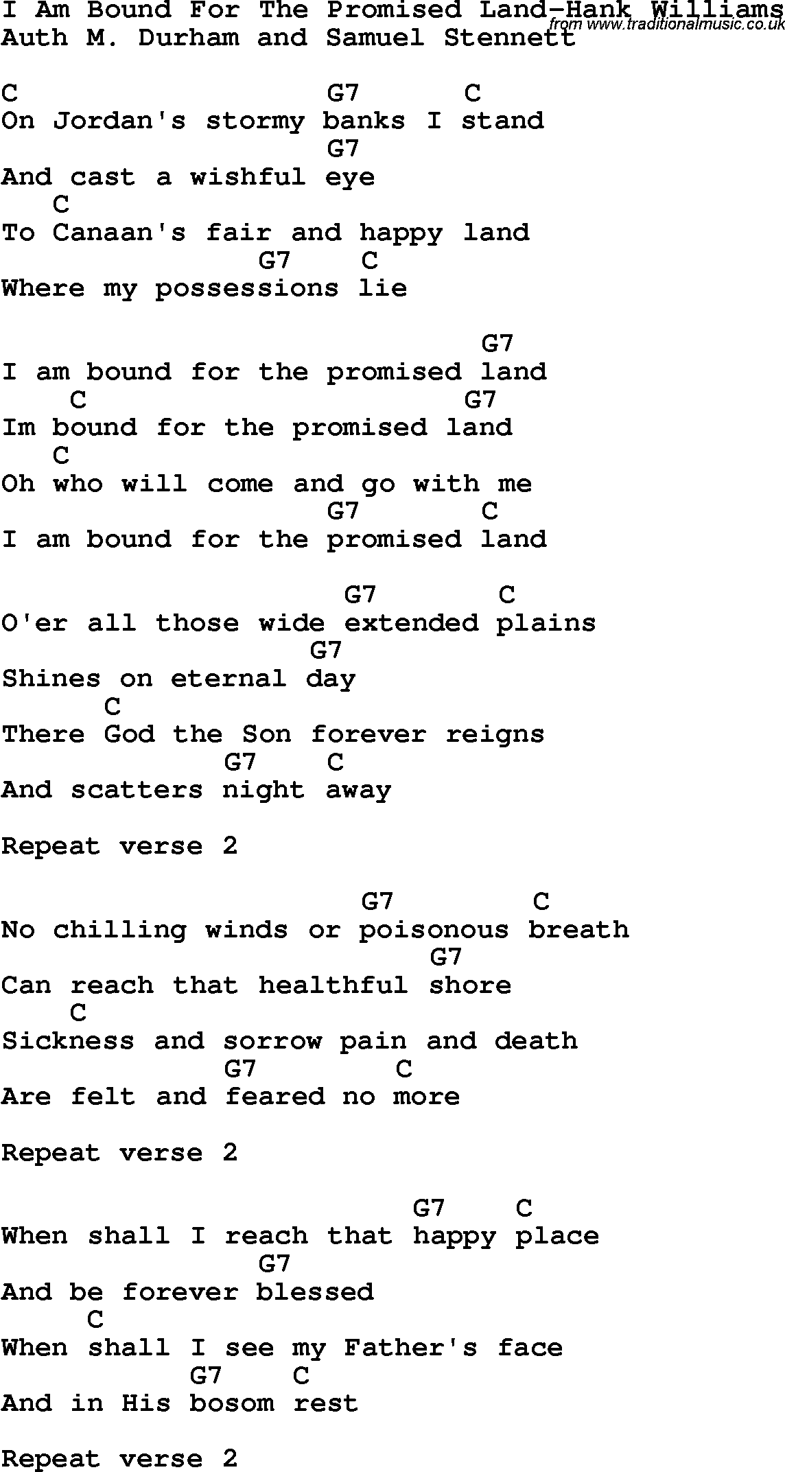 Country, Southern and Bluegrass Gospel Song I Am Bound For The Promised Land-Hank Williams lyrics and chords