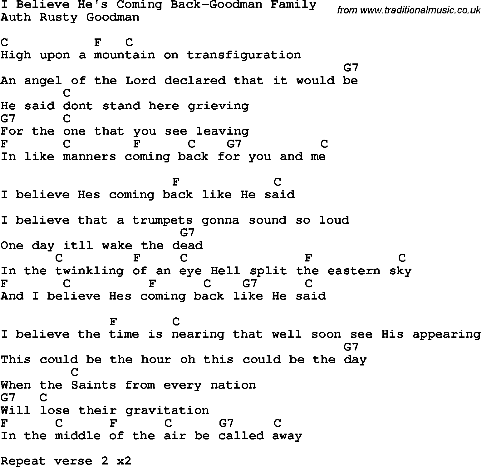 Country, Southern and Bluegrass Gospel Song I Believe He's Coming Back-Goodman Family lyrics and chords