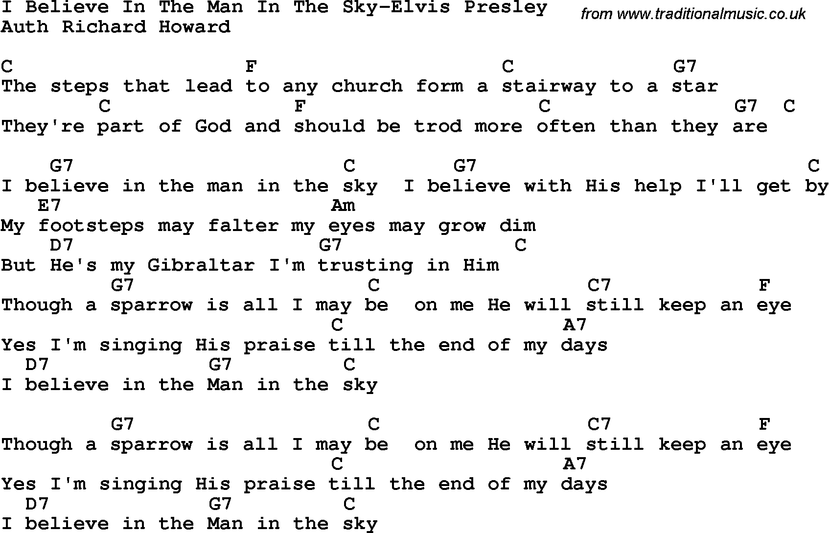 Country, Southern and Bluegrass Gospel Song I Believe In The Man In The Sky-Elvis Presley lyrics and chords