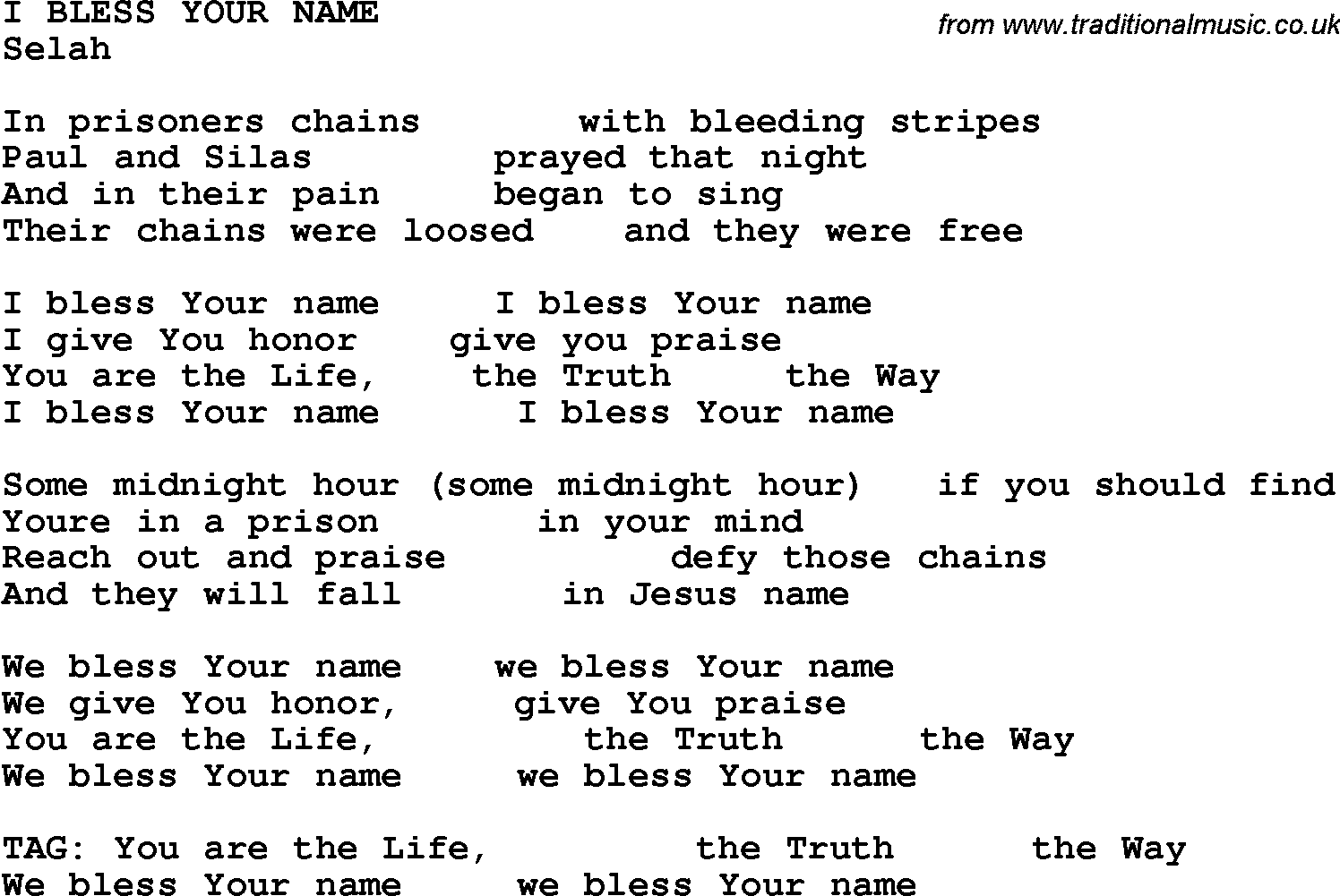 Country, Southern and Bluegrass Gospel Song I Bless Your Name lyrics 