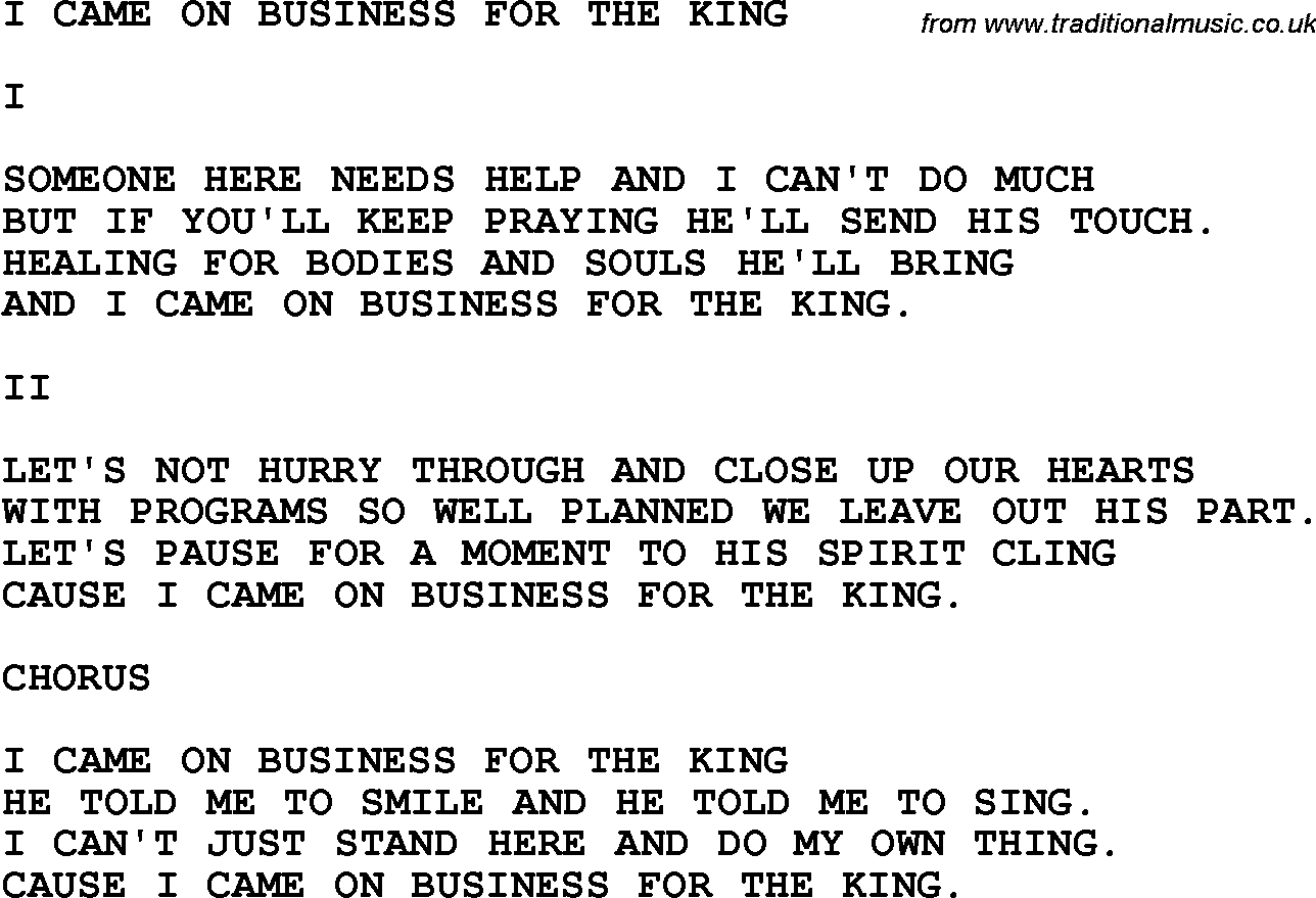 Country, Southern and Bluegrass Gospel Song I Came On Business For The King lyrics 