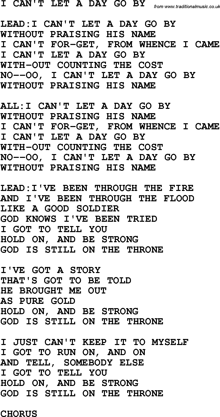 Country, Southern and Bluegrass Gospel Song I Can't Let A Day Go By lyrics 