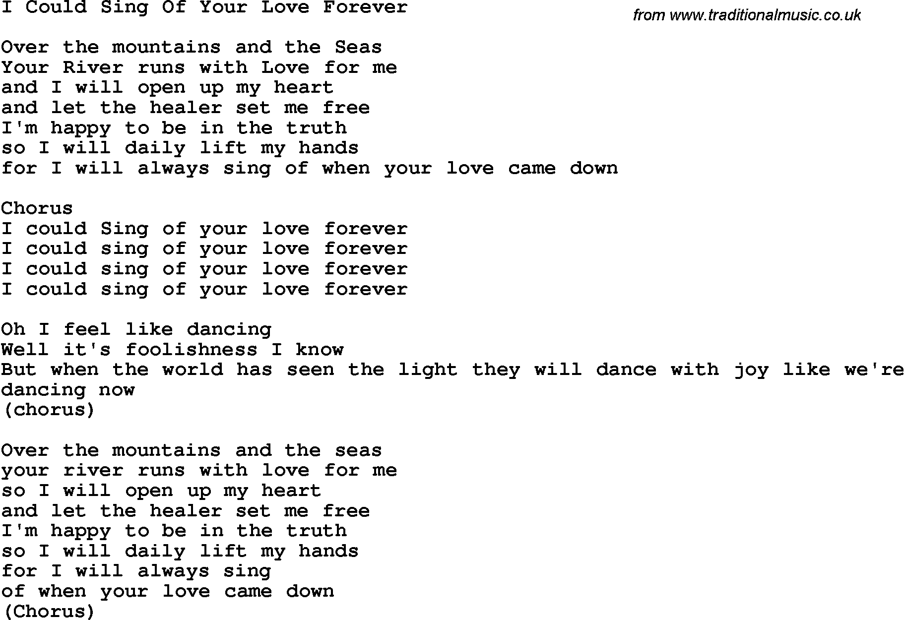 Country, Southern and Bluegrass Gospel Song I Could Sing Of Your Love Forever lyrics 