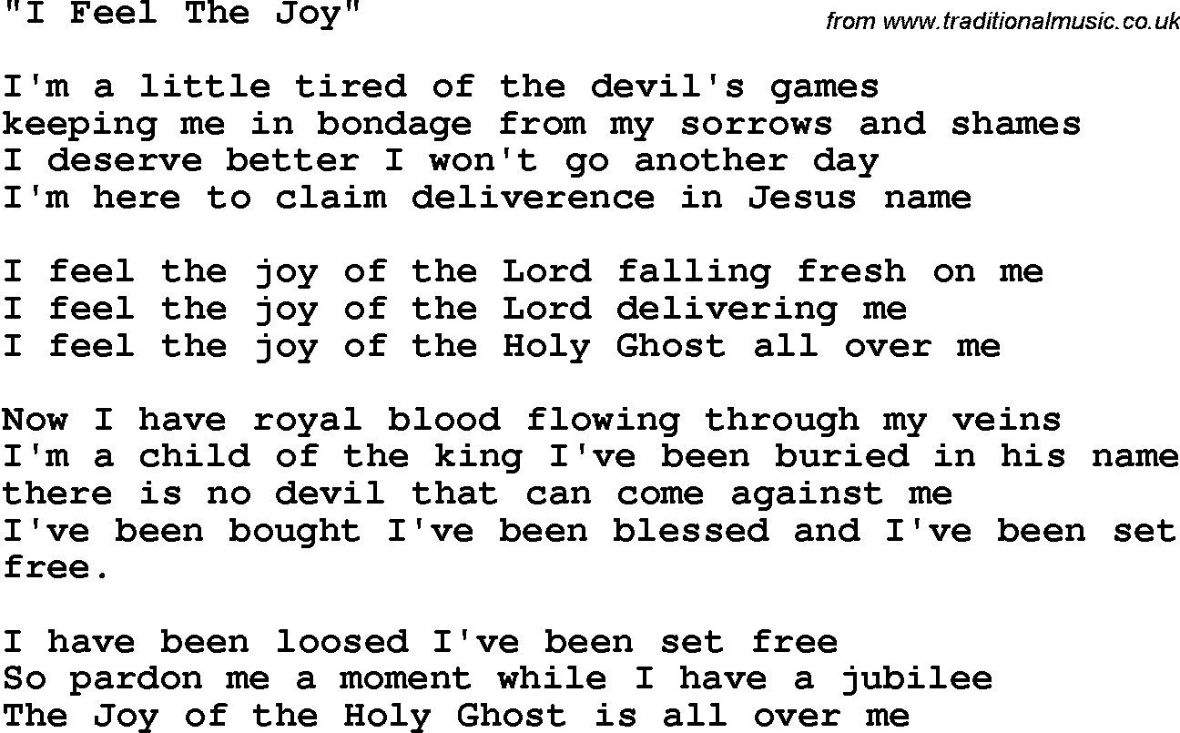 Country, Southern and Bluegrass Gospel Song I Feel The Joy lyrics 