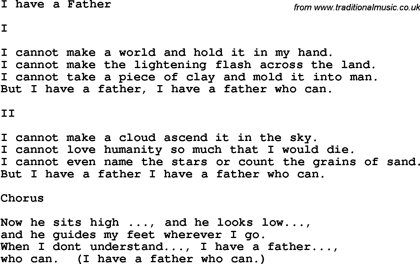 Country, Southern and Bluegrass Gospel Song I Have A Father lyrics 