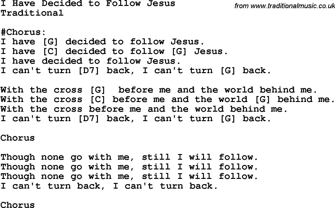 Country, Southern and Bluegrass Gospel Song I Have Decided to Follow Jesus lyrics and chords