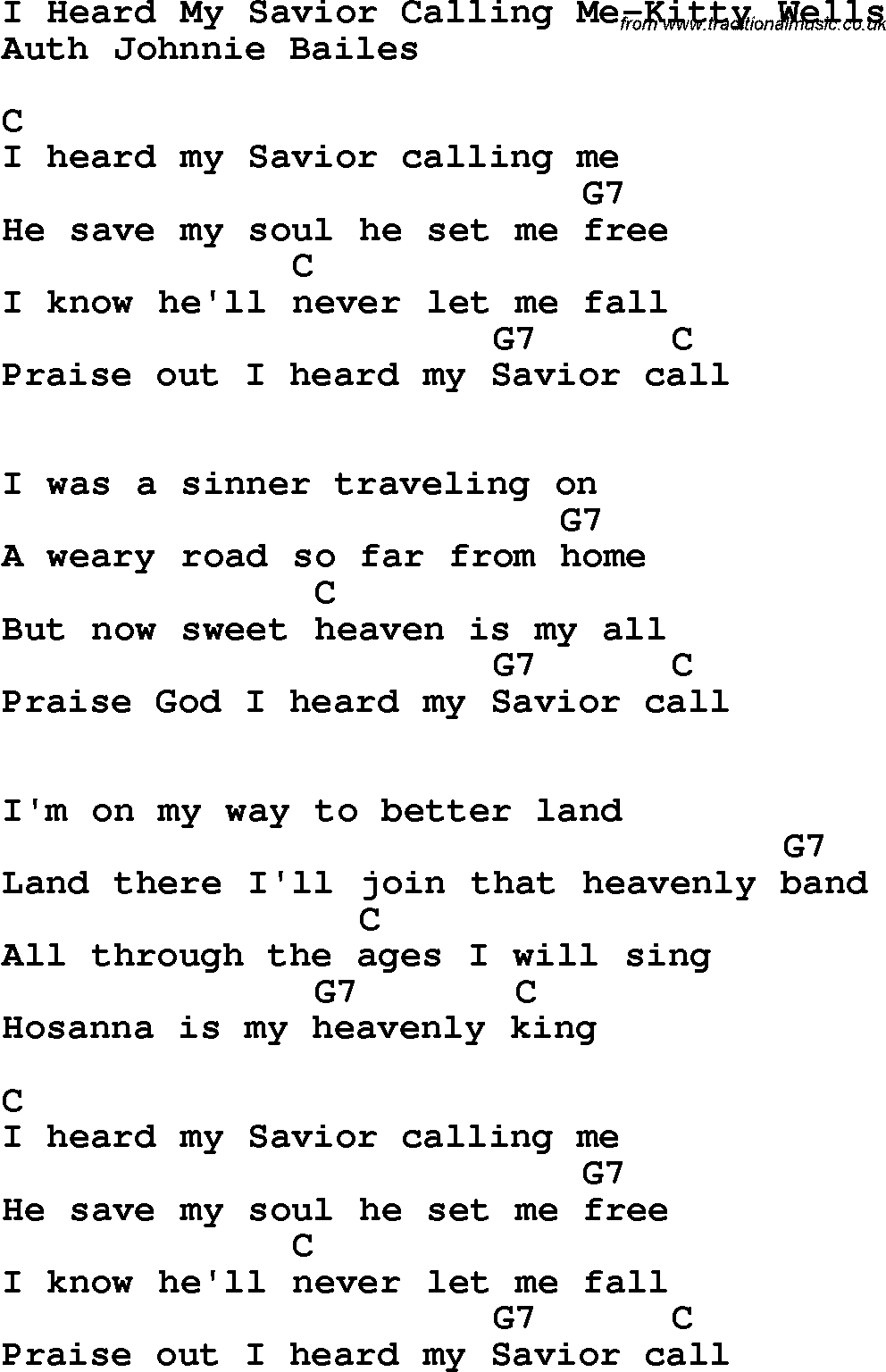 Country, Southern and Bluegrass Gospel Song I Heard My Savior Calling Me-Kitty Wells lyrics and chords
