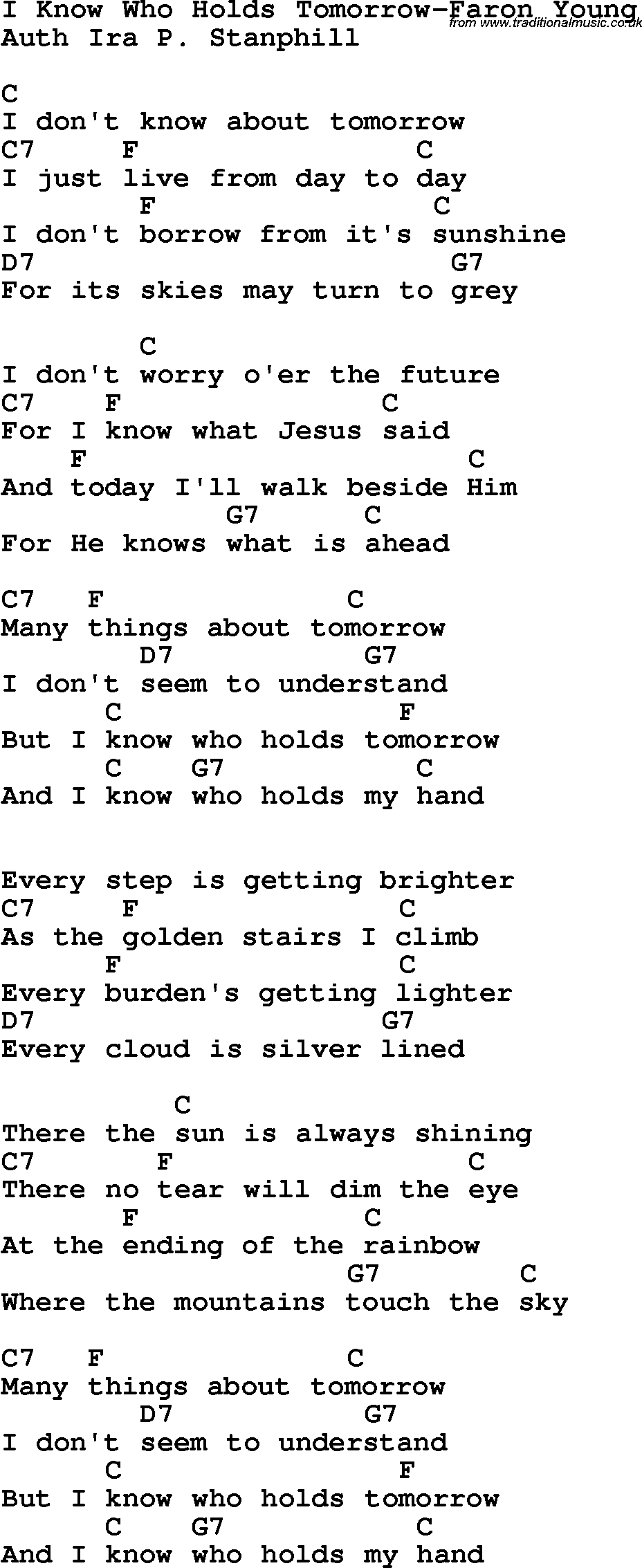 Country, Southern and Bluegrass Gospel Song I Know Who Holds Tomorrow-Faron Young lyrics and chords