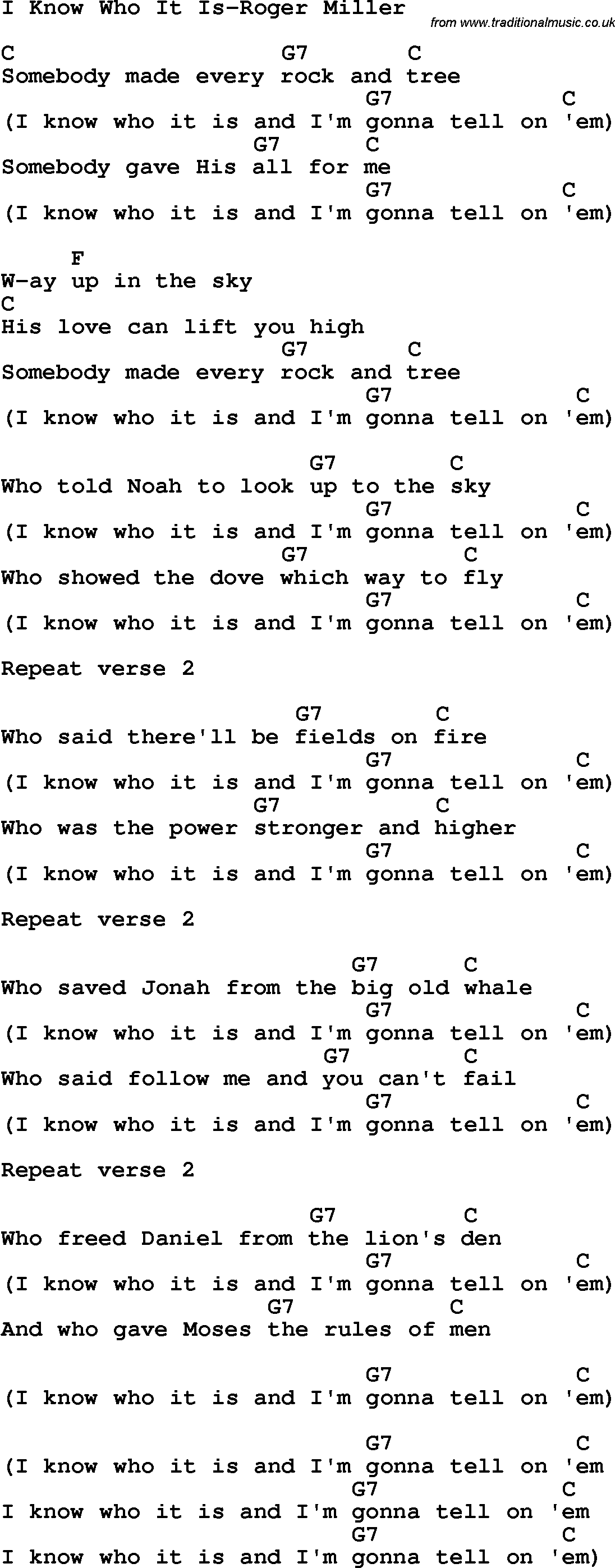 Country, Southern and Bluegrass Gospel Song I Know Who It Is-Roger Miller lyrics and chords