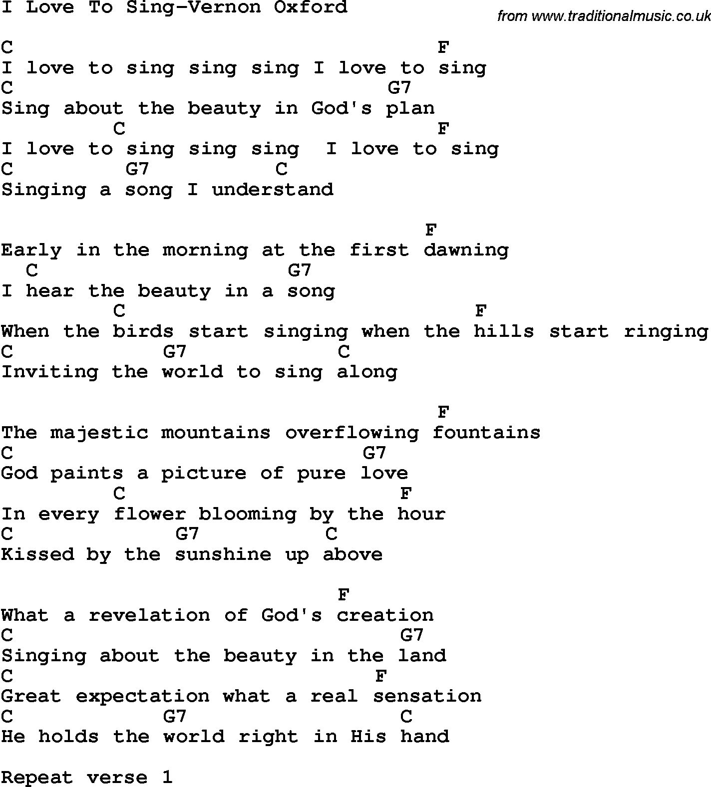 Country, Southern and Bluegrass Gospel Song I Love To Sing-Vernon Oxford lyrics and chords
