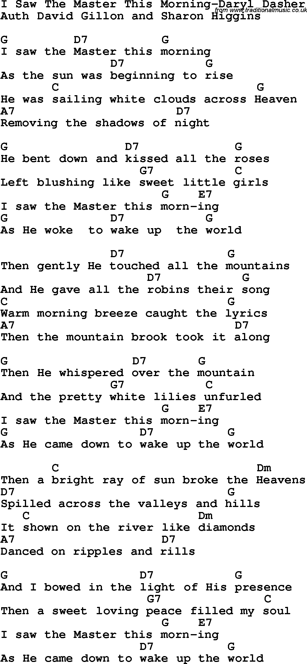 Country, Southern and Bluegrass Gospel Song I Saw The Master This Morning-Daryl Dasher lyrics and chords