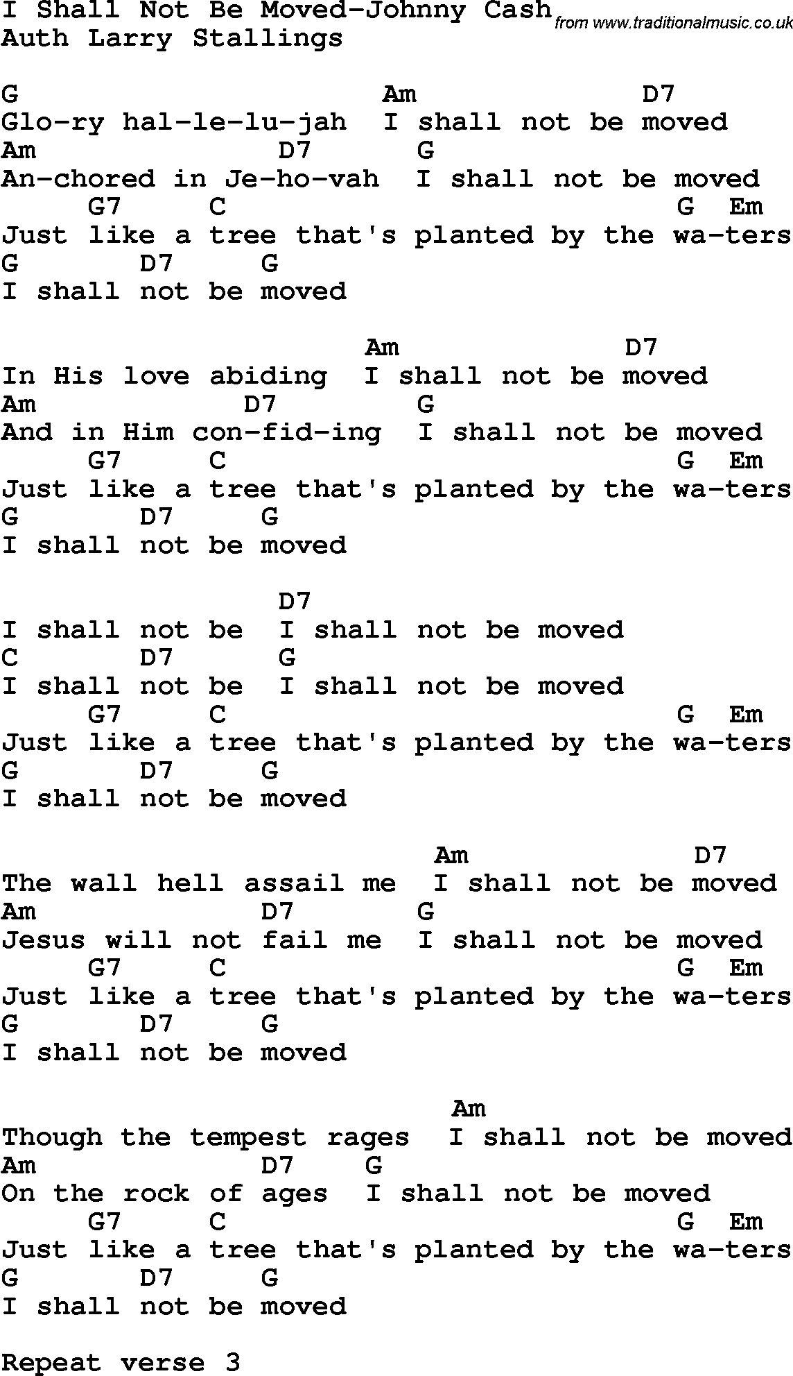 Country, Southern and Bluegrass Gospel Song I Shall Not Be Moved-Johnny Cash lyrics and chords