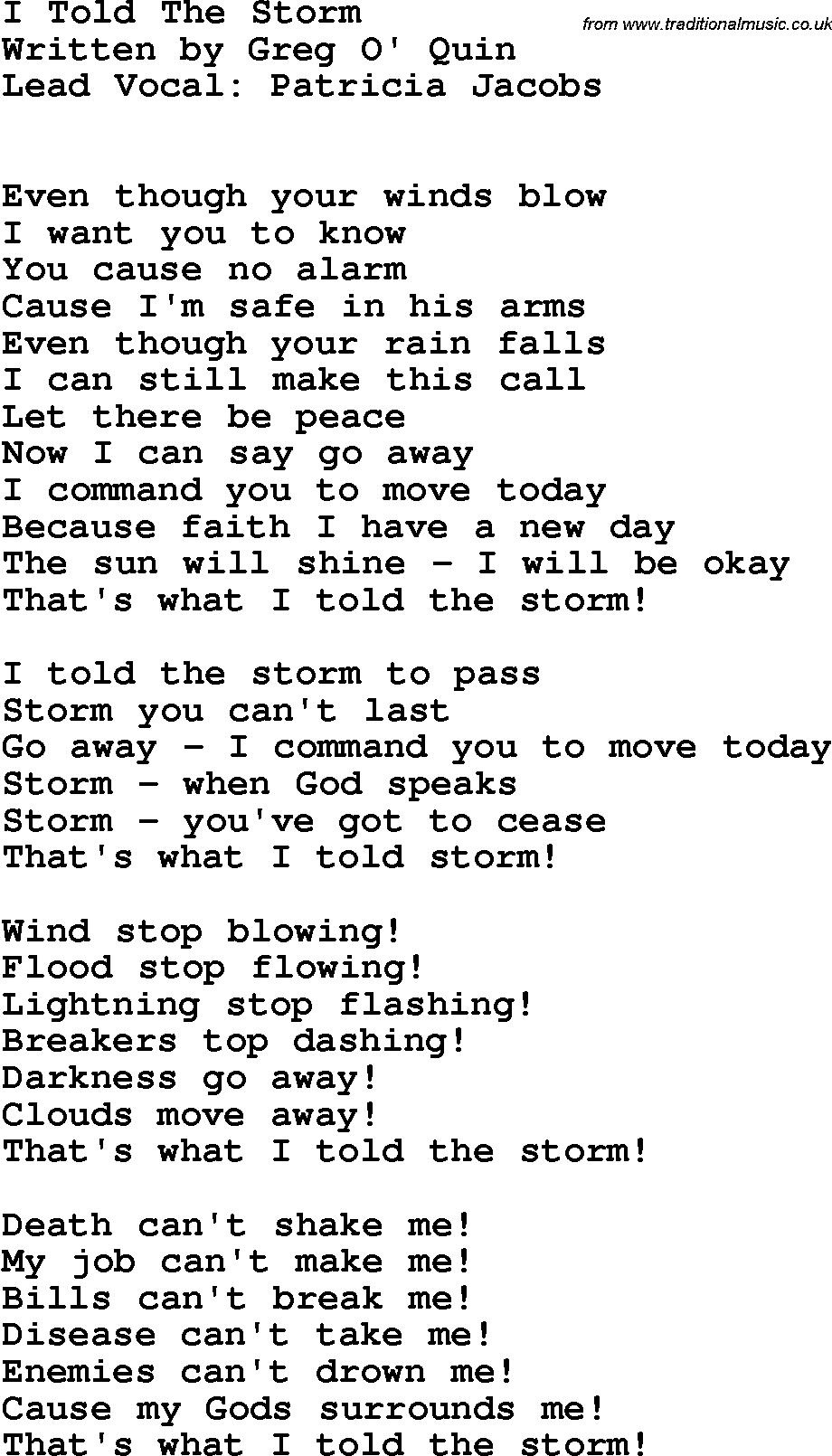 Country, Southern and Bluegrass Gospel Song I Told The Storm lyrics 