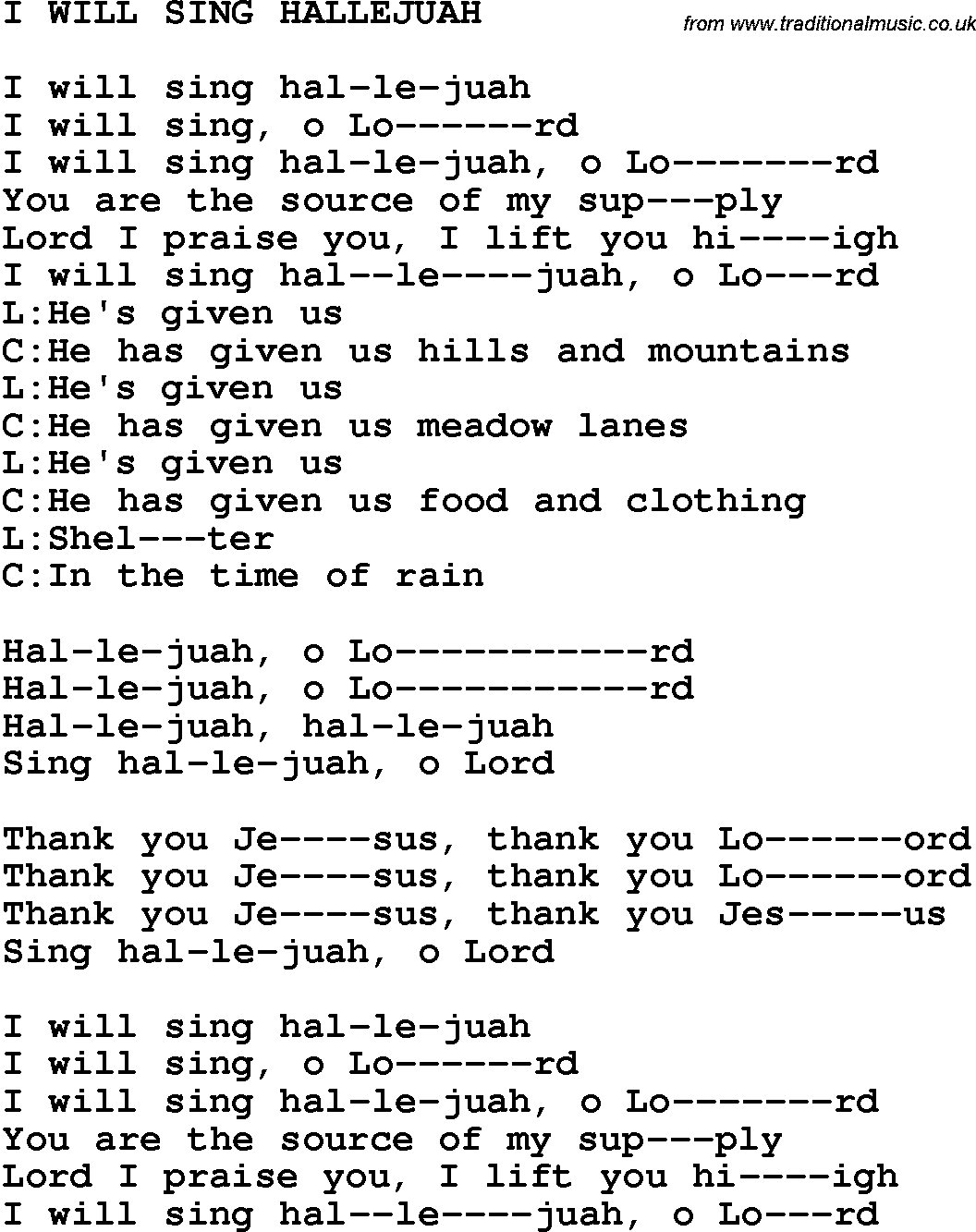 Country, Southern and Bluegrass Gospel Song I Will Sing Hallejuah lyrics 