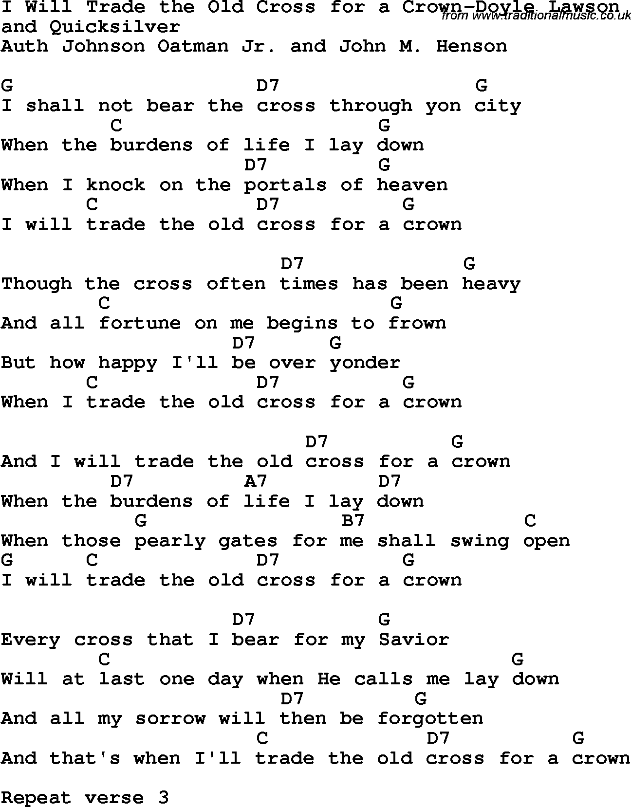 Country, Southern and Bluegrass Gospel Song I Will Trade the Old Cross for a Crown-Doyle Lawson lyrics and chords