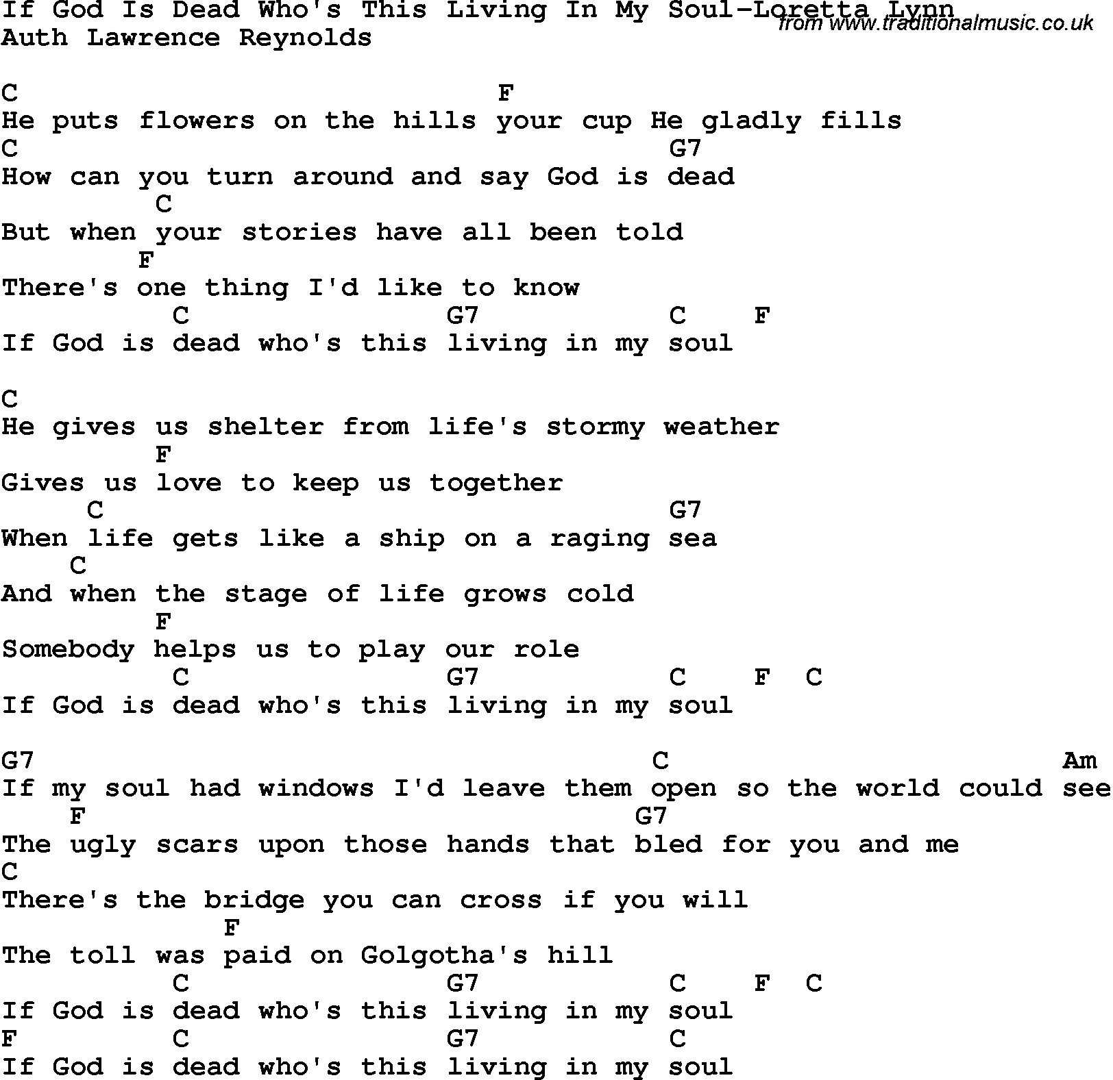 Country, Southern and Bluegrass Gospel Song If God Is Dead Who's This Living In My Soul-Loretta Lynn lyrics and chords