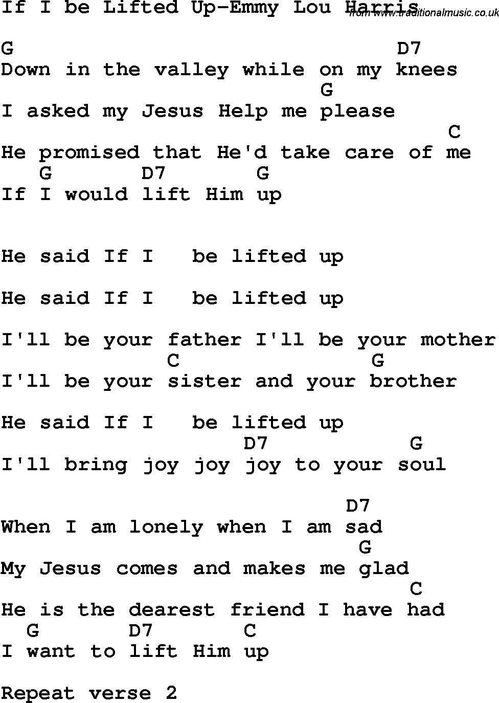 Country, Southern and Bluegrass Gospel Song If I be Lifted Up-Emmy Lou Harris lyrics and chords