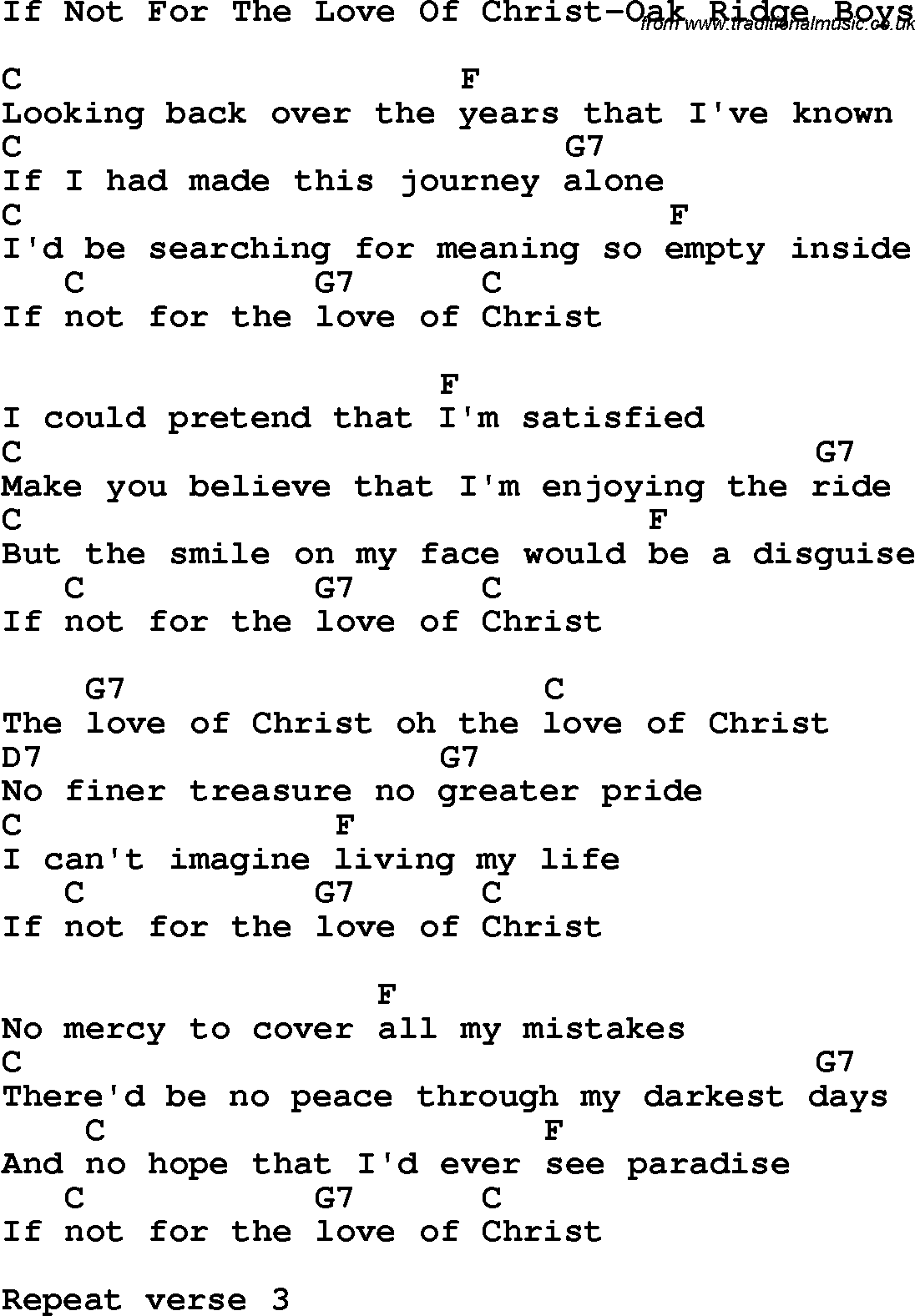 Country, Southern and Bluegrass Gospel Song If Not For The Love Of Christ-Oak Ridge Boys lyrics and chords