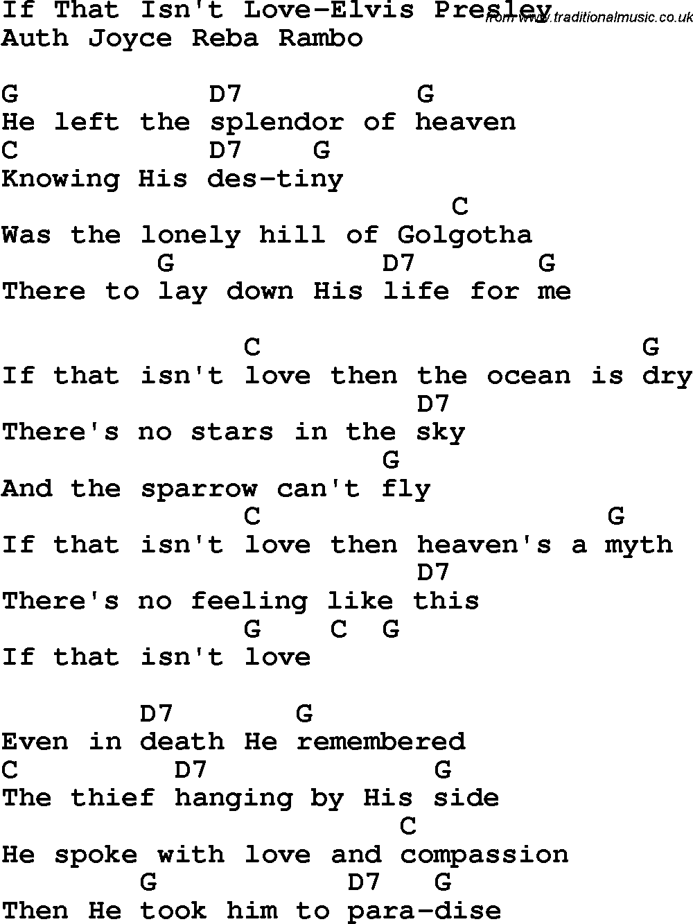 Country, Southern and Bluegrass Gospel Song If That Isn't Love-Elvis Presley lyrics and chords