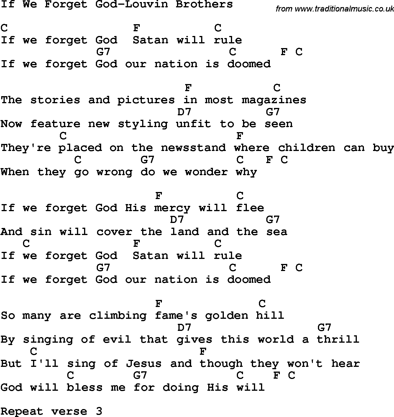 Country, Southern and Bluegrass Gospel Song If We Forget God-Louvin Brothers lyrics and chords