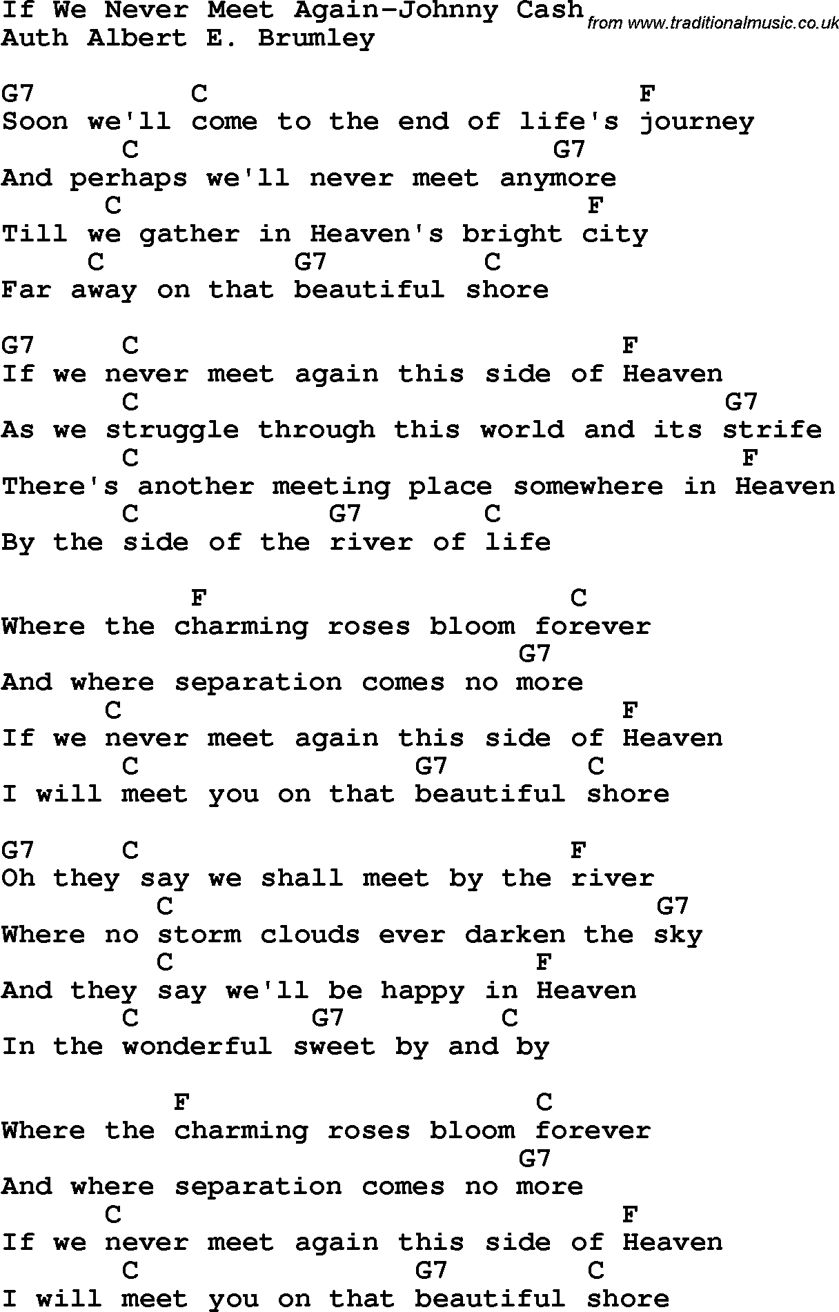 Country, Southern and Bluegrass Gospel Song If We Never Meet Again-Johnny Cash lyrics and chords