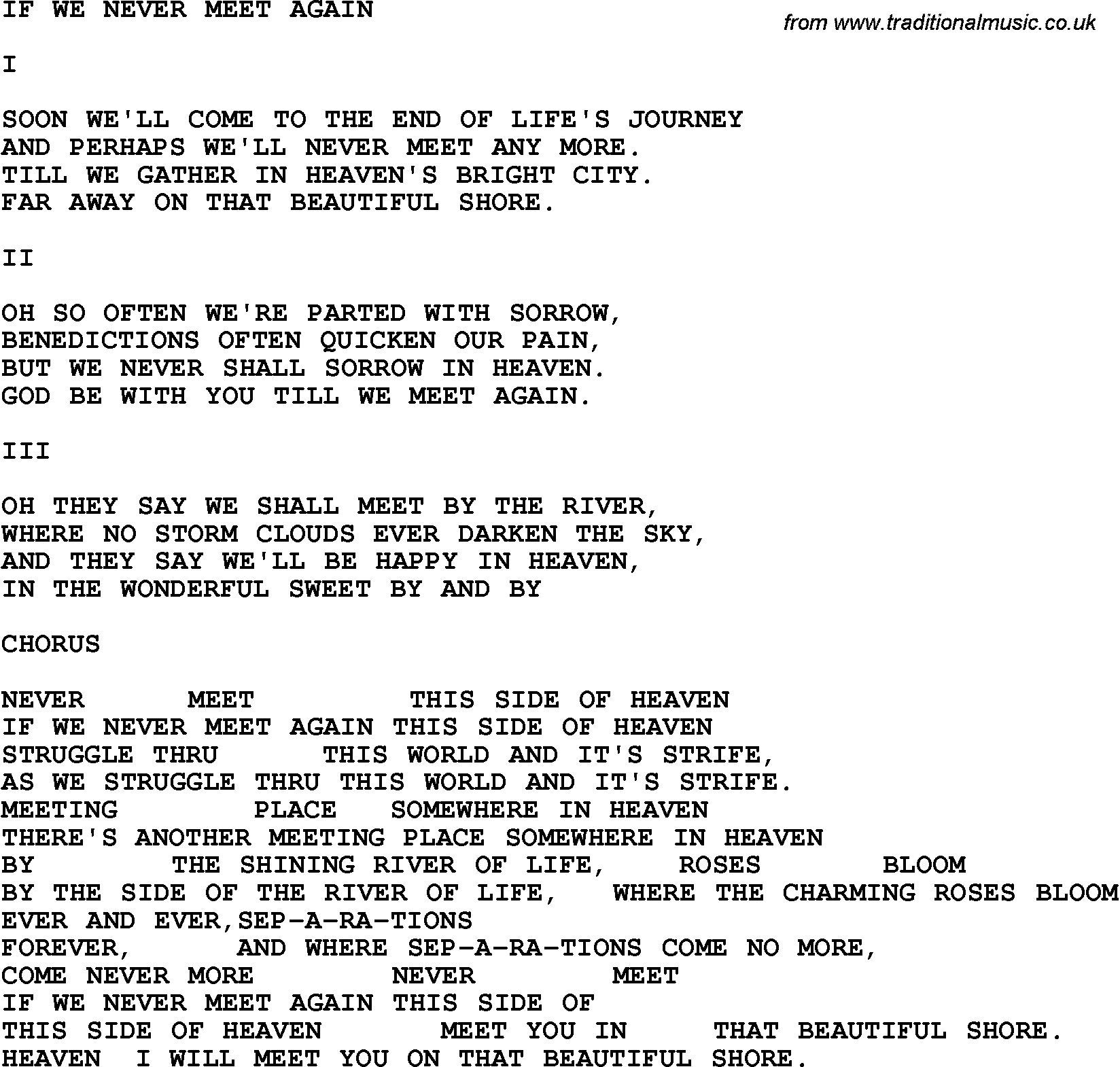 Country, Southern and Bluegrass Gospel Song If We Never Meet Again lyrics 