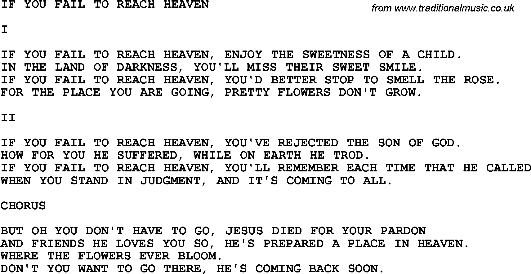 Country, Southern and Bluegrass Gospel Song If You Fail To Reach Heaven lyrics 