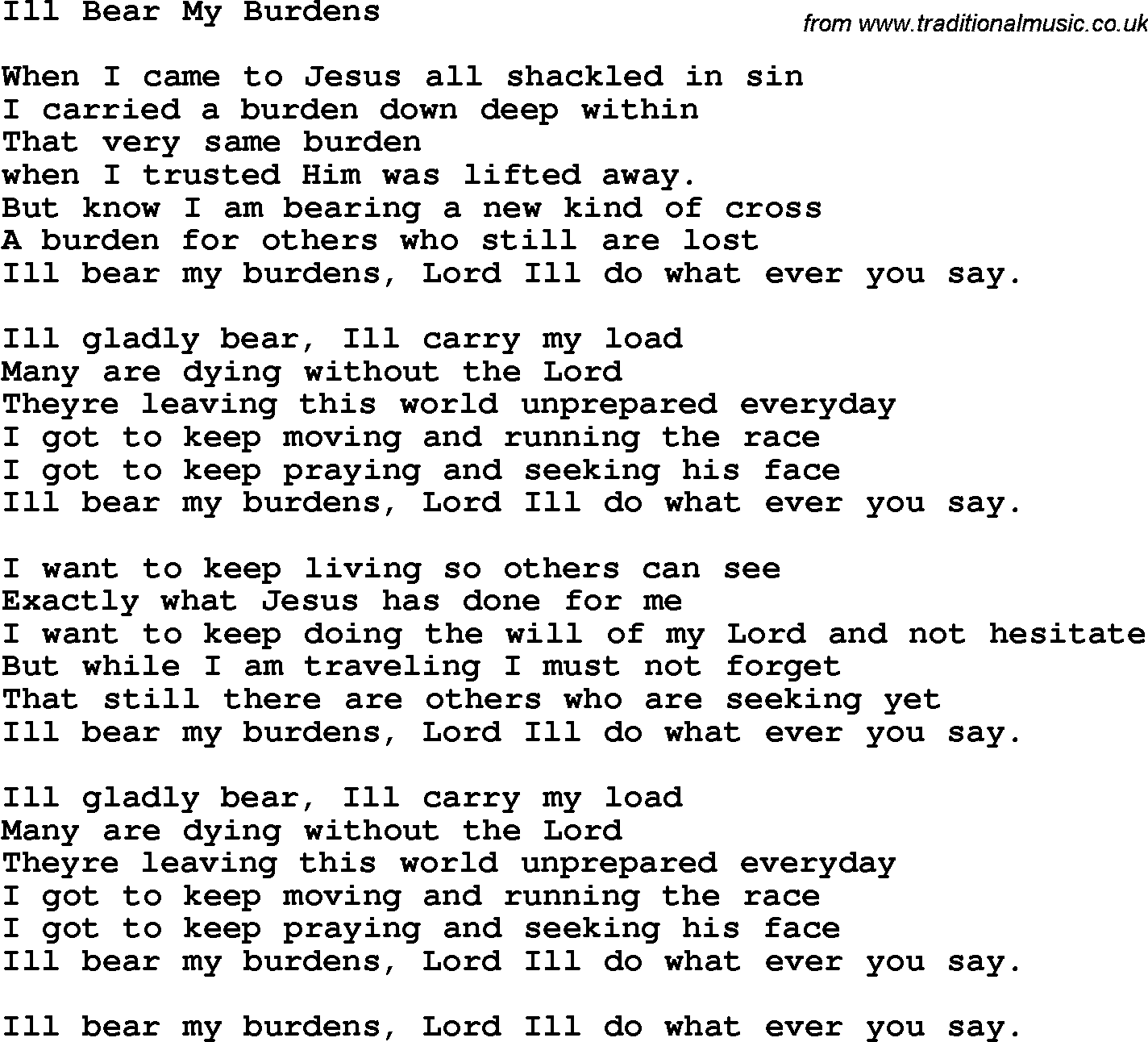 Country, Southern and Bluegrass Gospel Song Ill Bear My Burdens lyrics 
