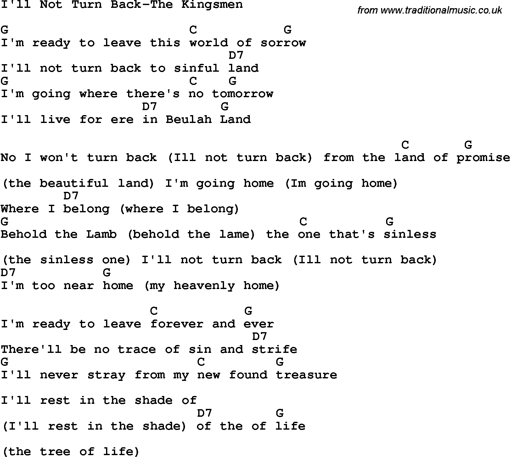 Country, Southern and Bluegrass Gospel Song I'll Not Turn Back-The Kingsmen lyrics and chords