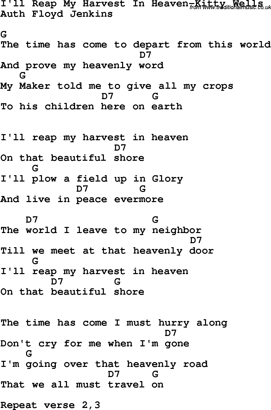 Country, Southern and Bluegrass Gospel Song I'll Reap My Harvest In Heaven-Kitty Wells lyrics and chords