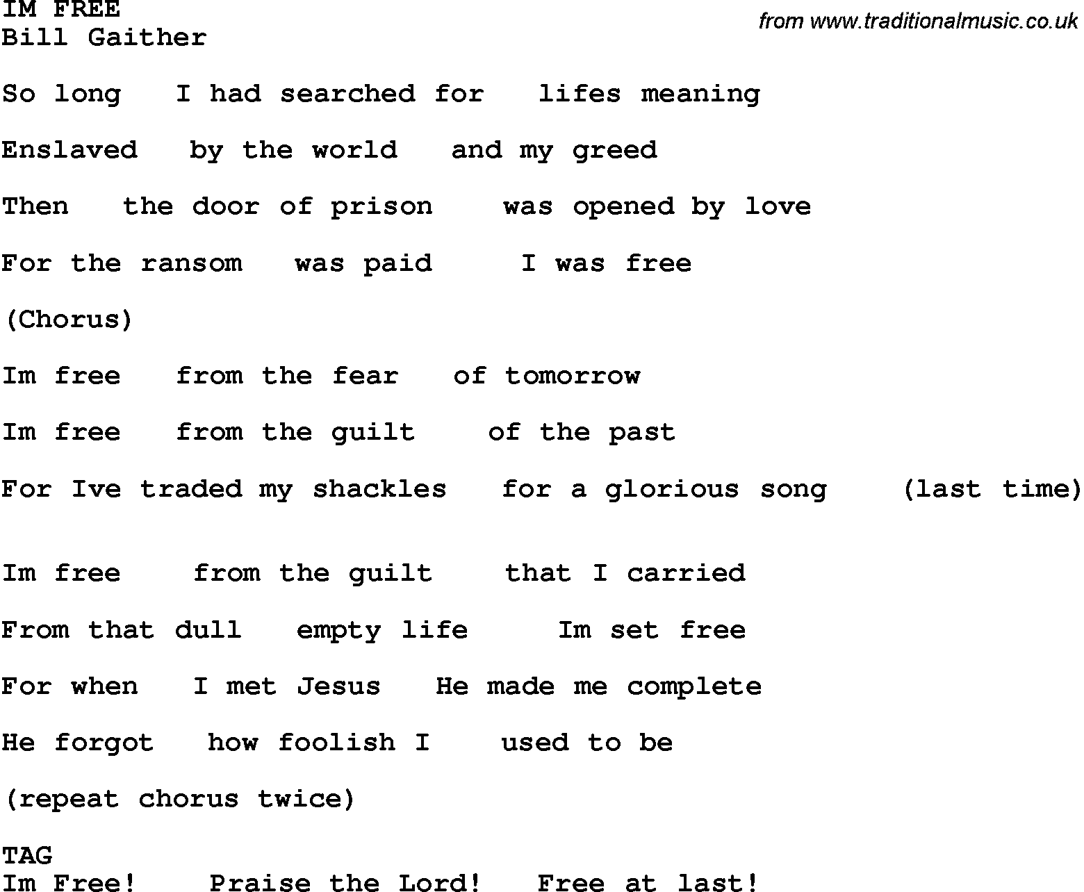 Country, Southern and Bluegrass Gospel Song Im Free lyrics 
