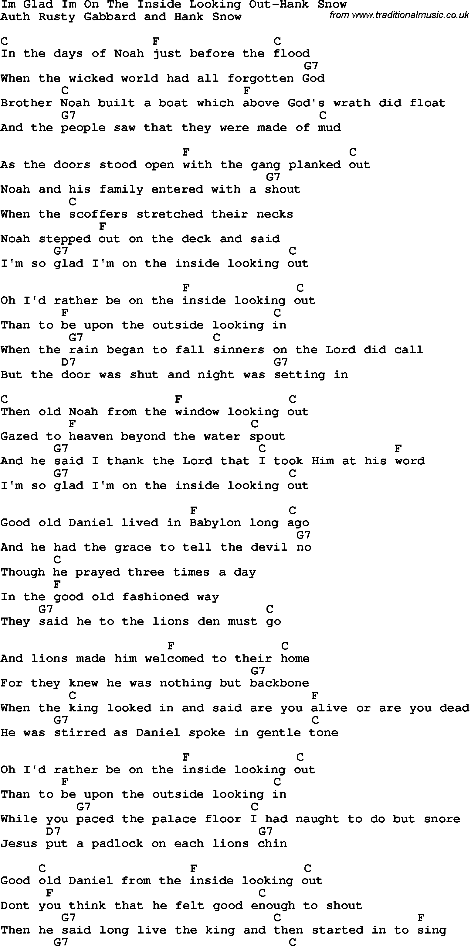 Country, Southern and Bluegrass Gospel Song I’m Glad I’m On The Inside Looking Out-Hank Snow lyrics and chords