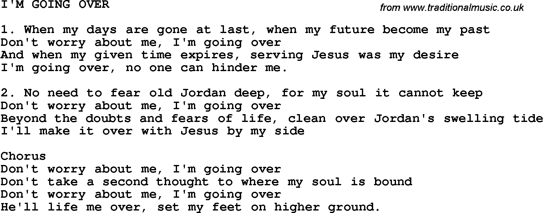 Country, Southern and Bluegrass Gospel Song I'm Going Over lyrics 