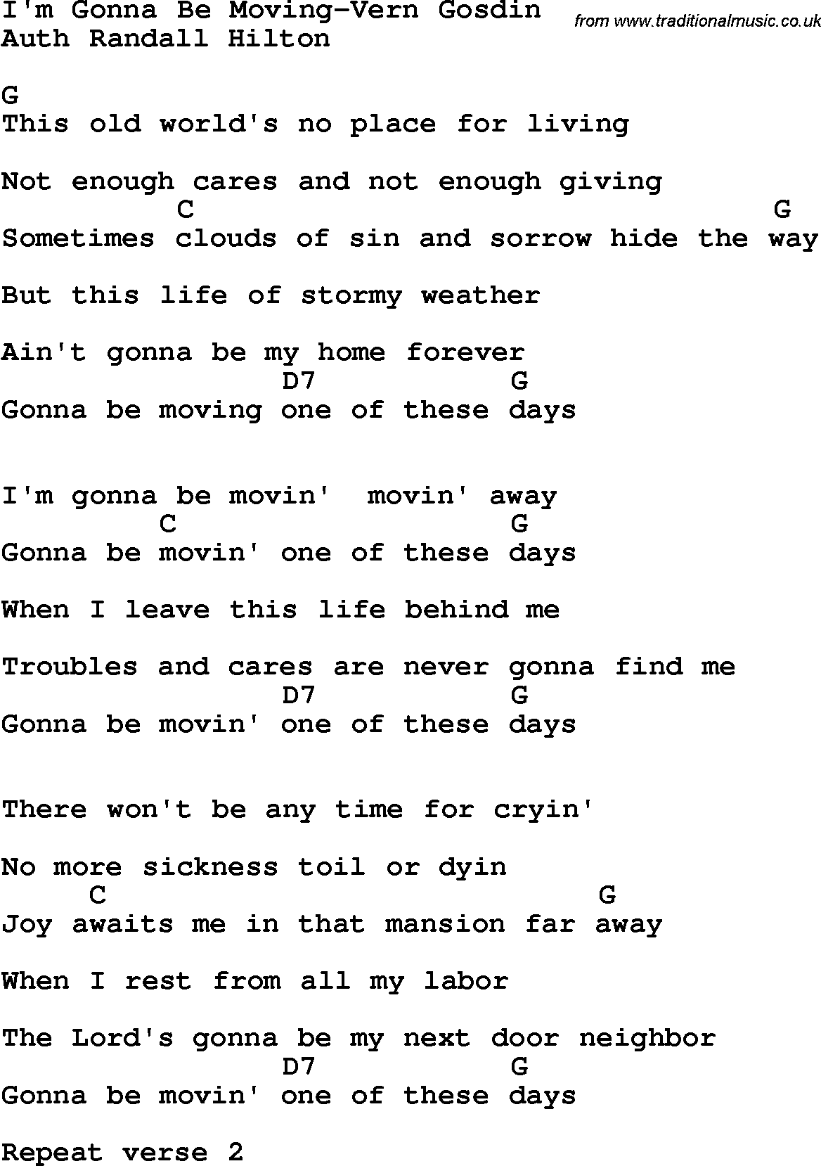 Country, Southern and Bluegrass Gospel Song I'm Gonna Be Moving-Vern Gosdin lyrics and chords